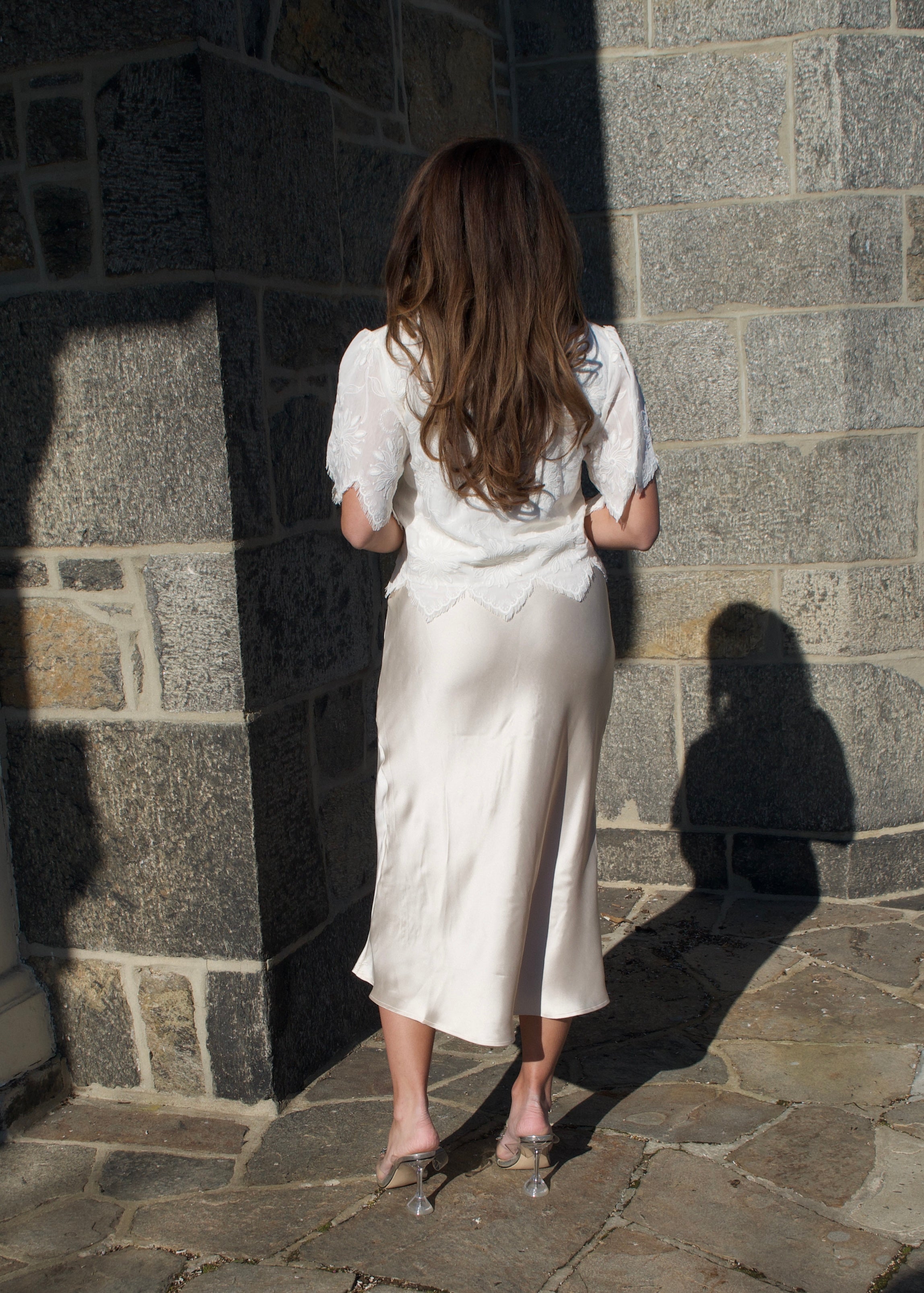 cream satin midi skirt, off white