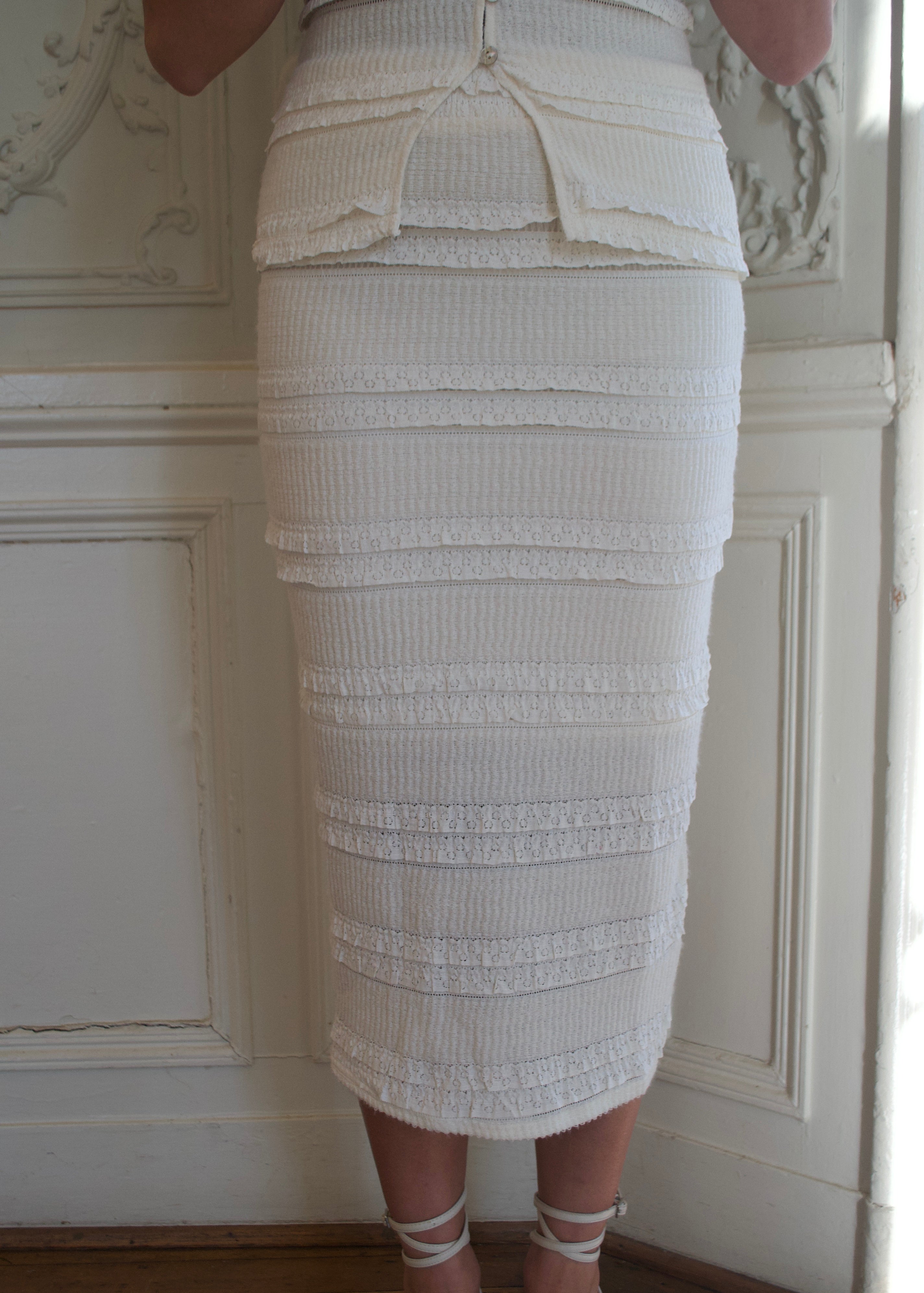 cream lace ruffled skirt, midi length, pencil fit