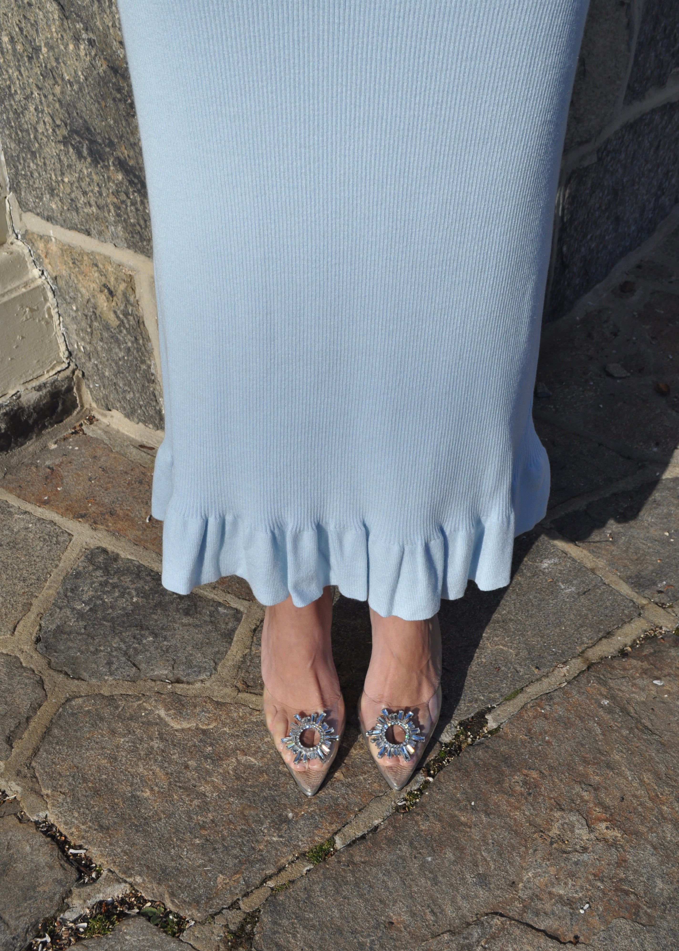 long sleeve sky blue ribbed maxi dress, pearl, satin bow