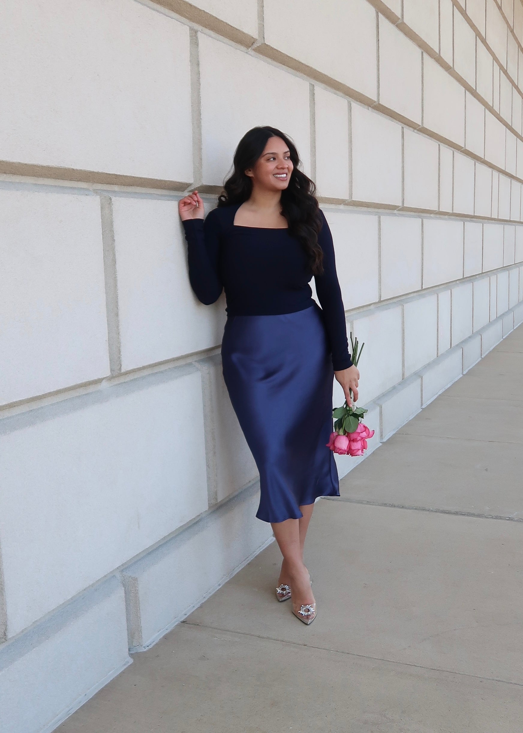dusty blue satin midi skirt