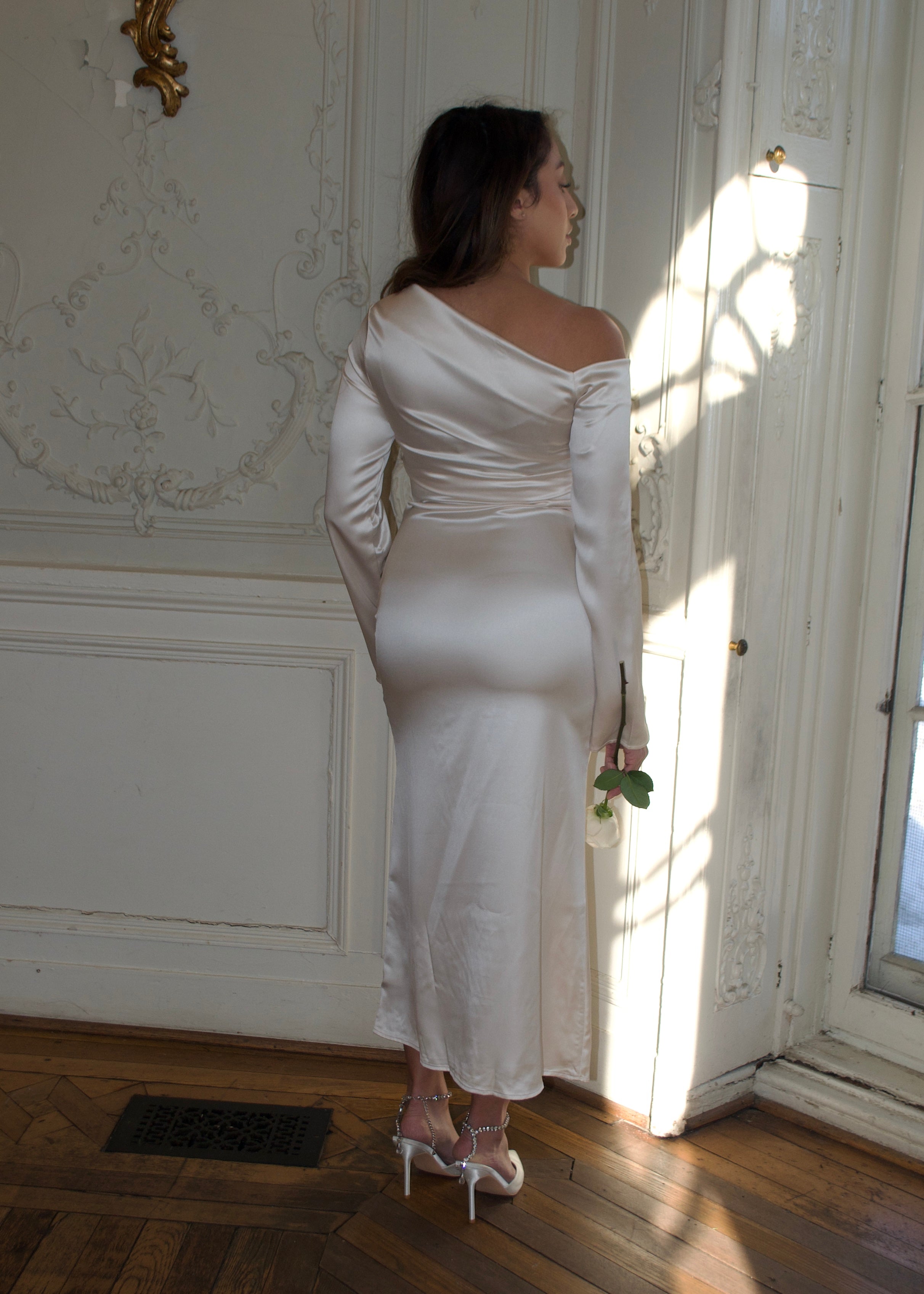 one shoulder long sleeve satin midi dress, cream, white, champagne