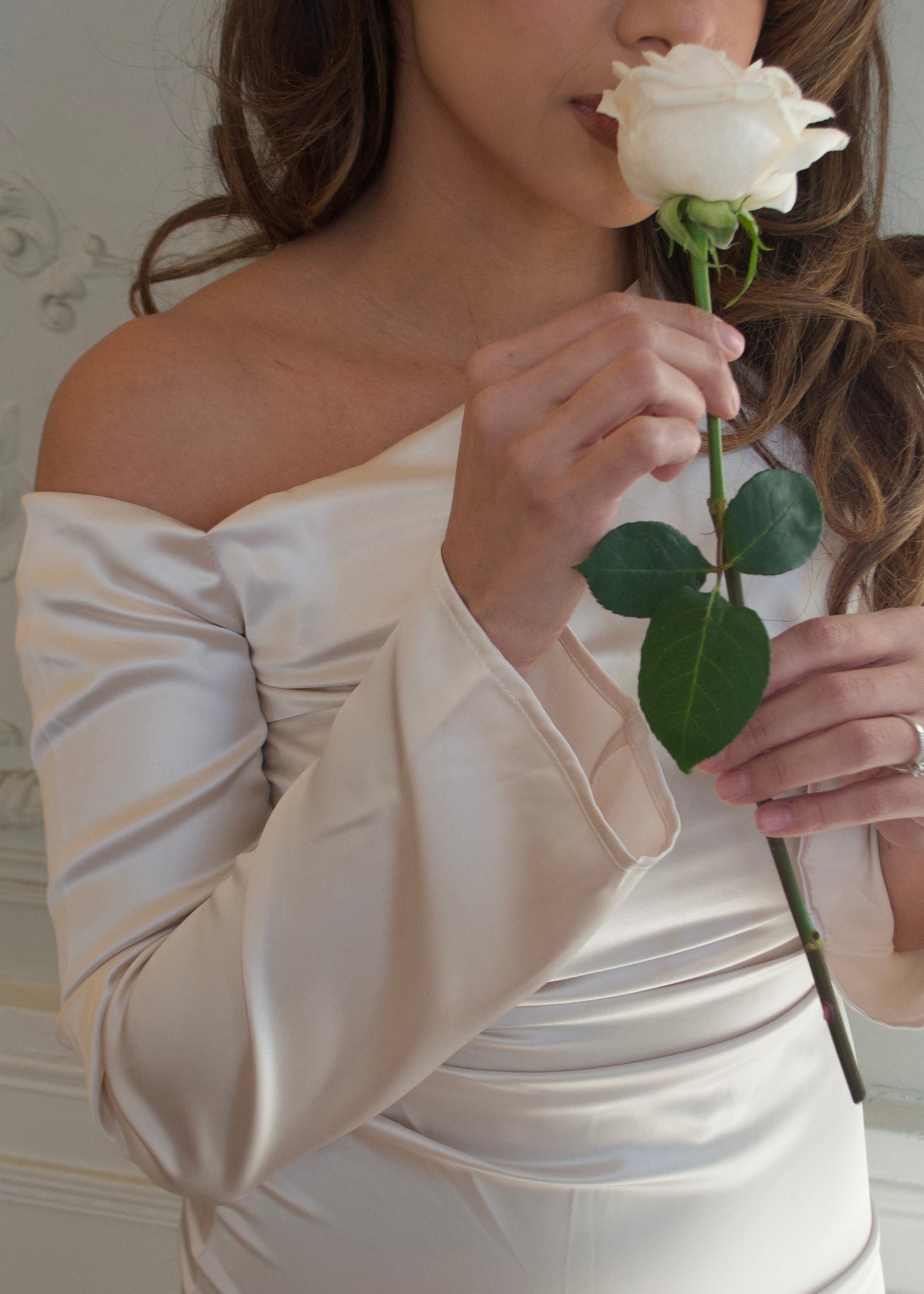 one shoulder long sleeve satin midi dress, cream, white, champagne