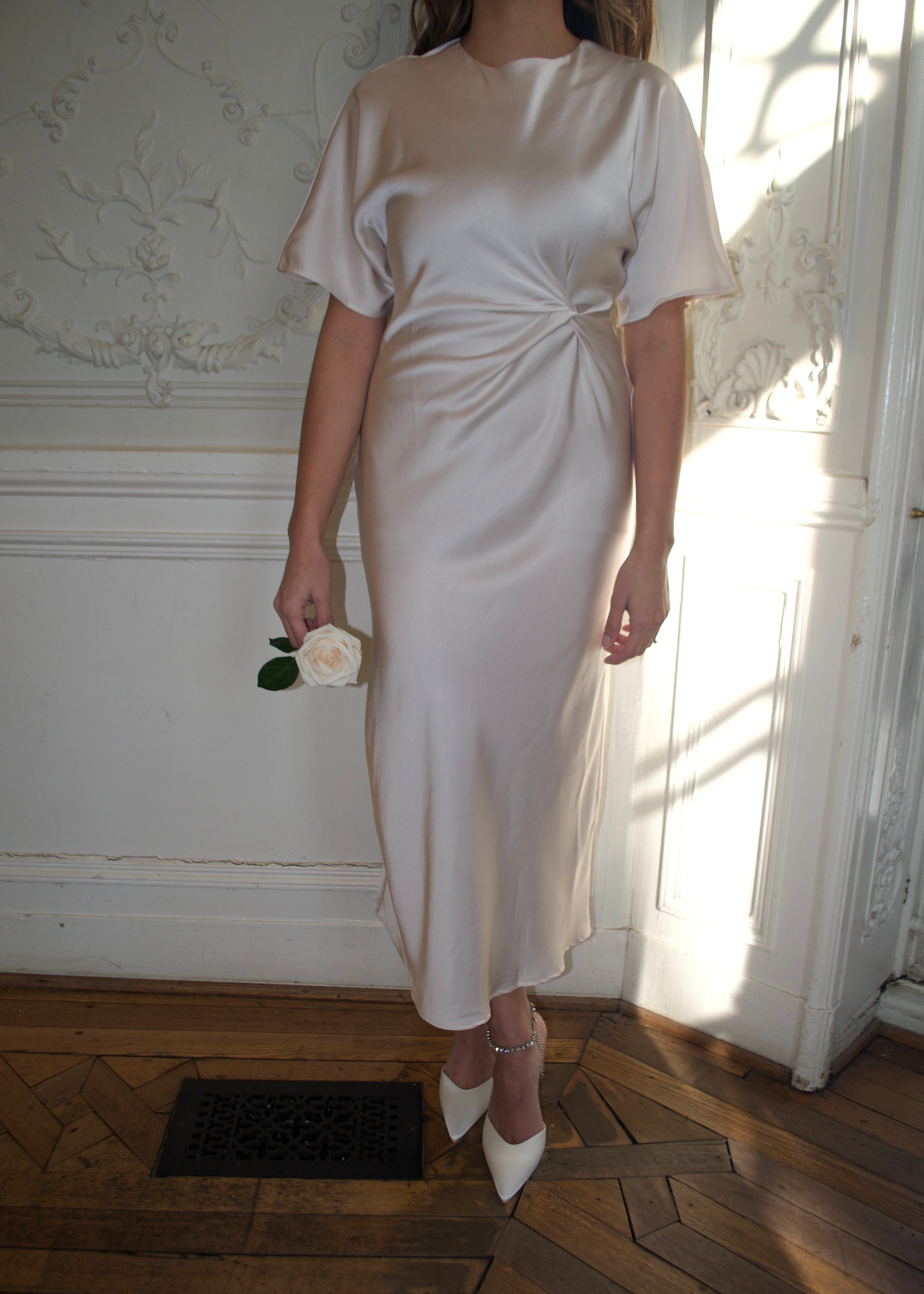 cream colored short sleeve maxi satin dress