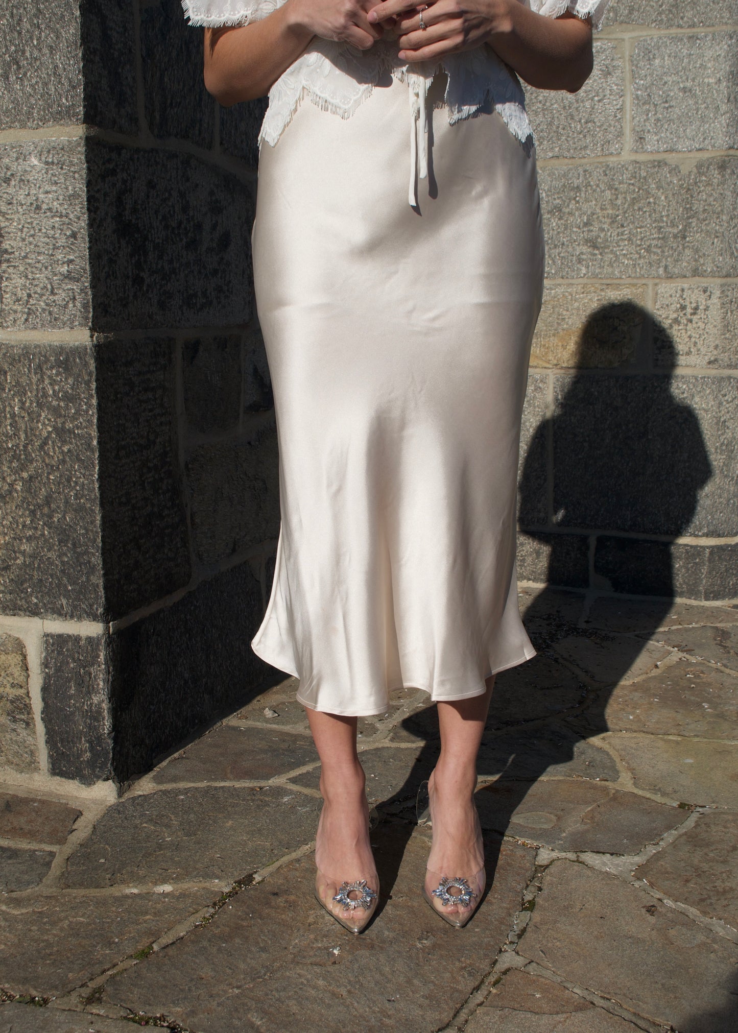cream satin midi skirt, off white