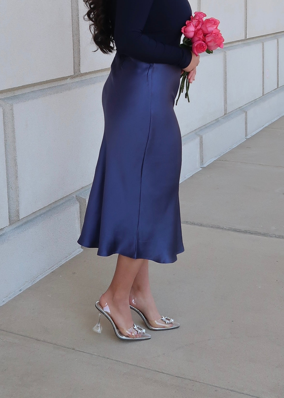 dusty blue satin midi skirt