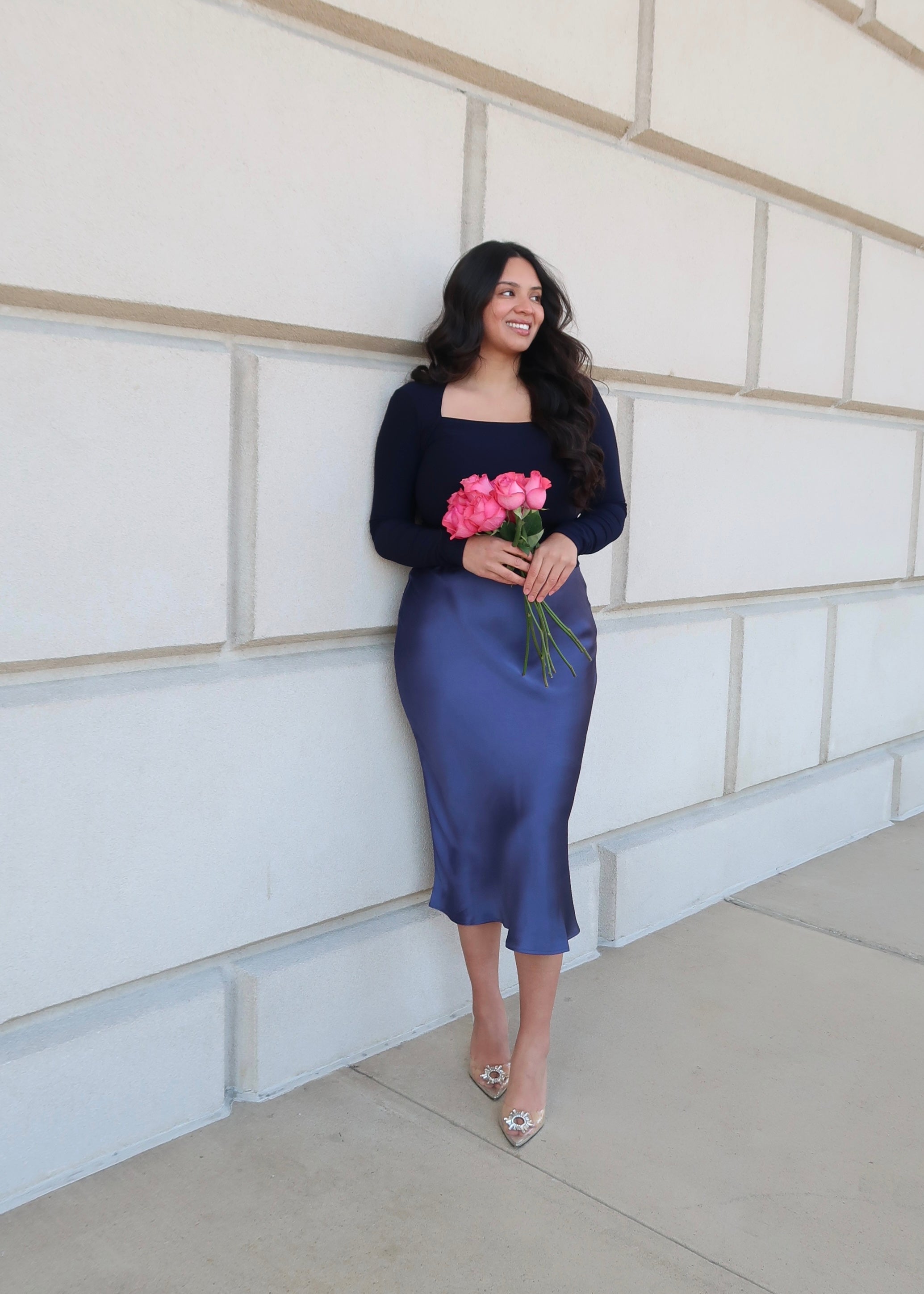 dusty blue satin midi skirt