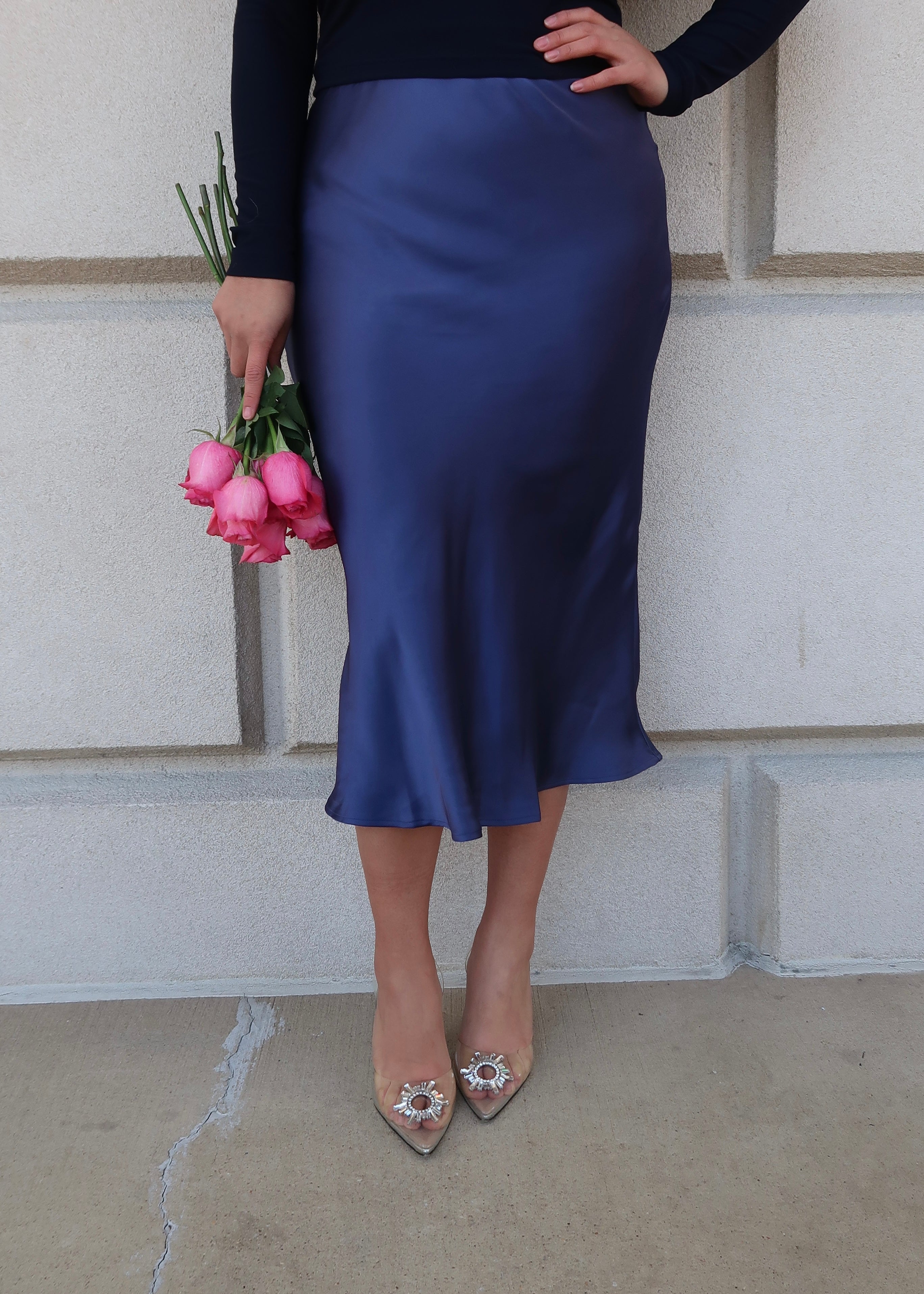 dusty blue satin midi skirt