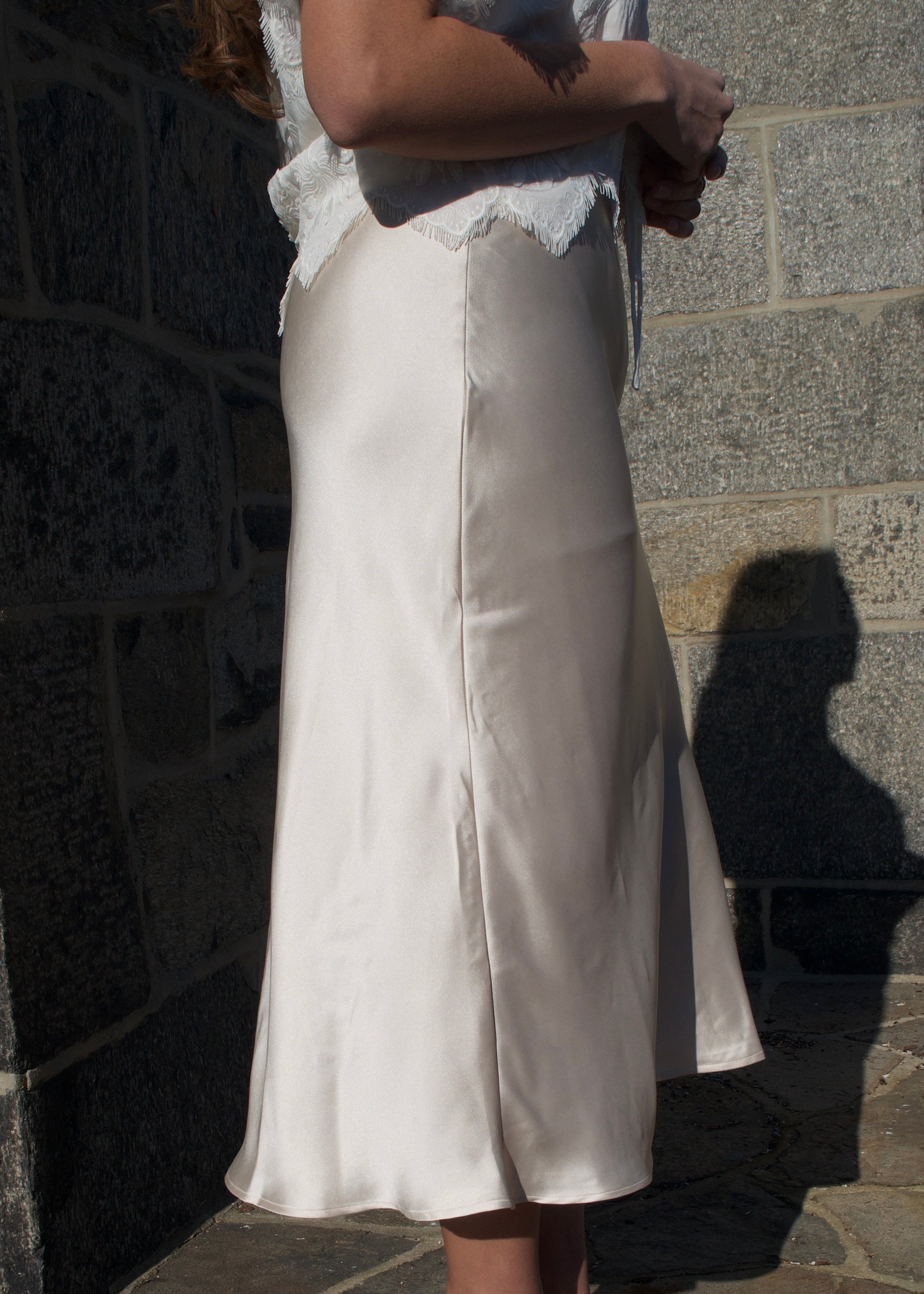 cream satin midi skirt, off white