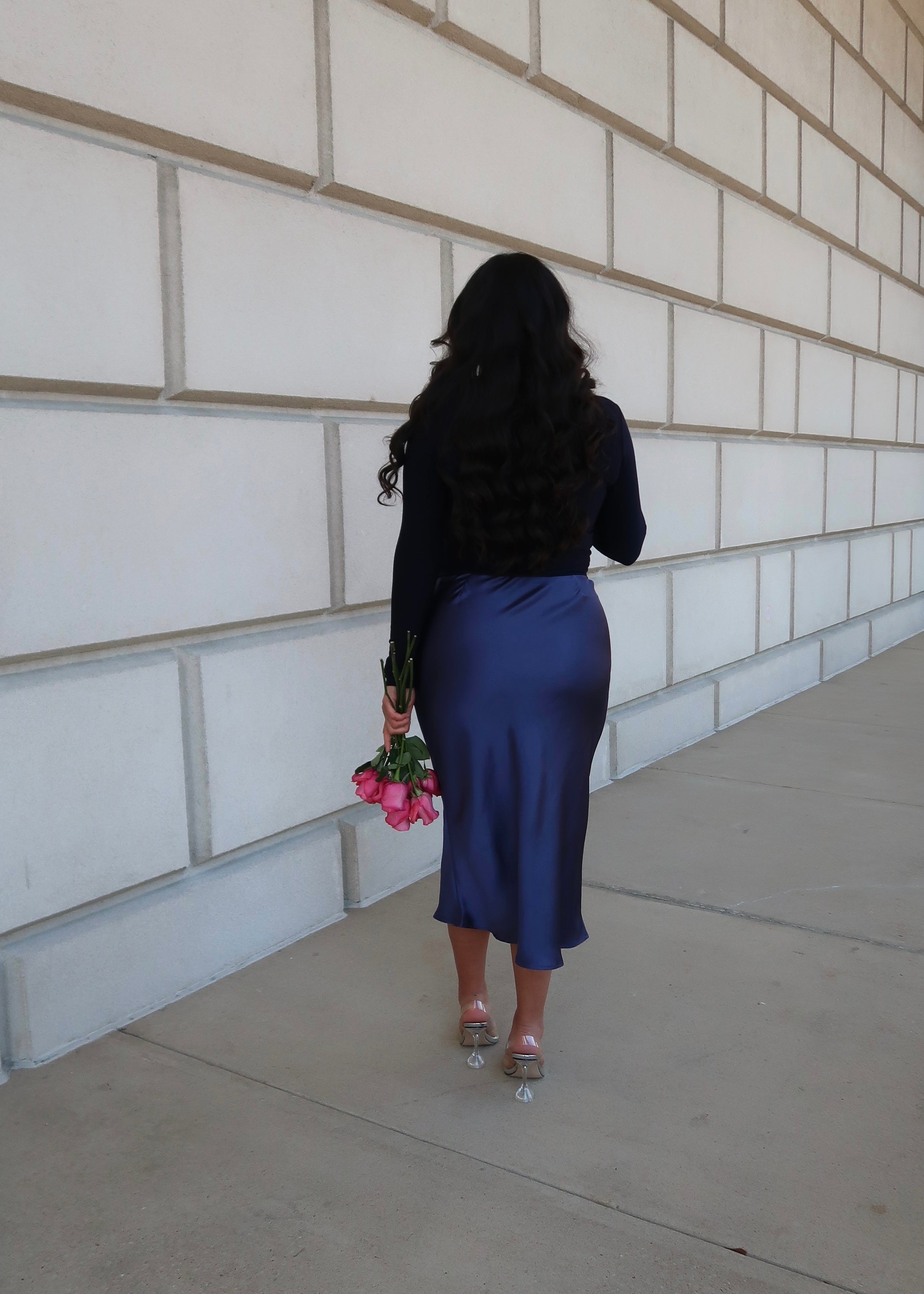 dusty blue satin midi skirt