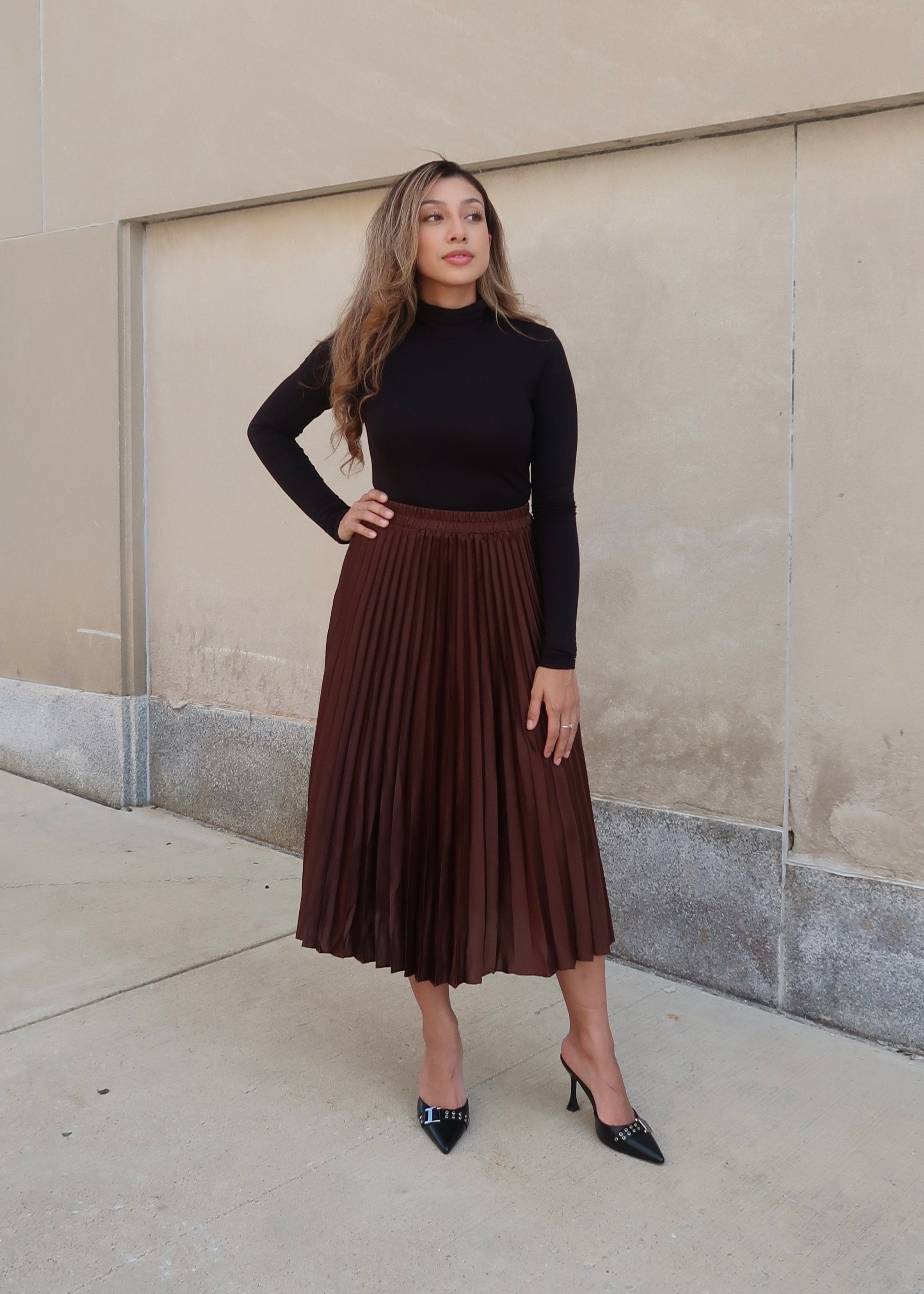 chocolate brown pleated midi skirt
