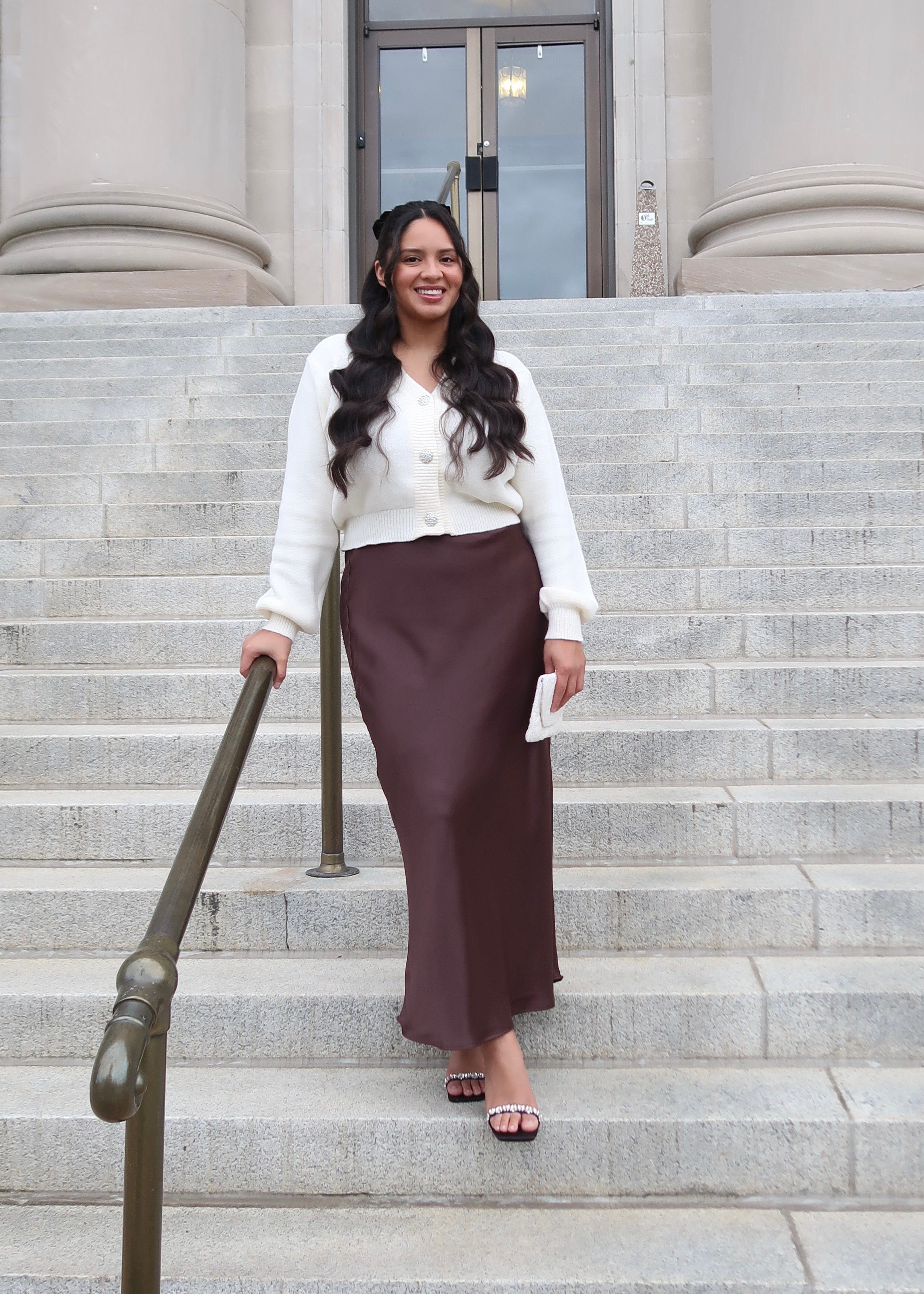 brown maxi satin skirt