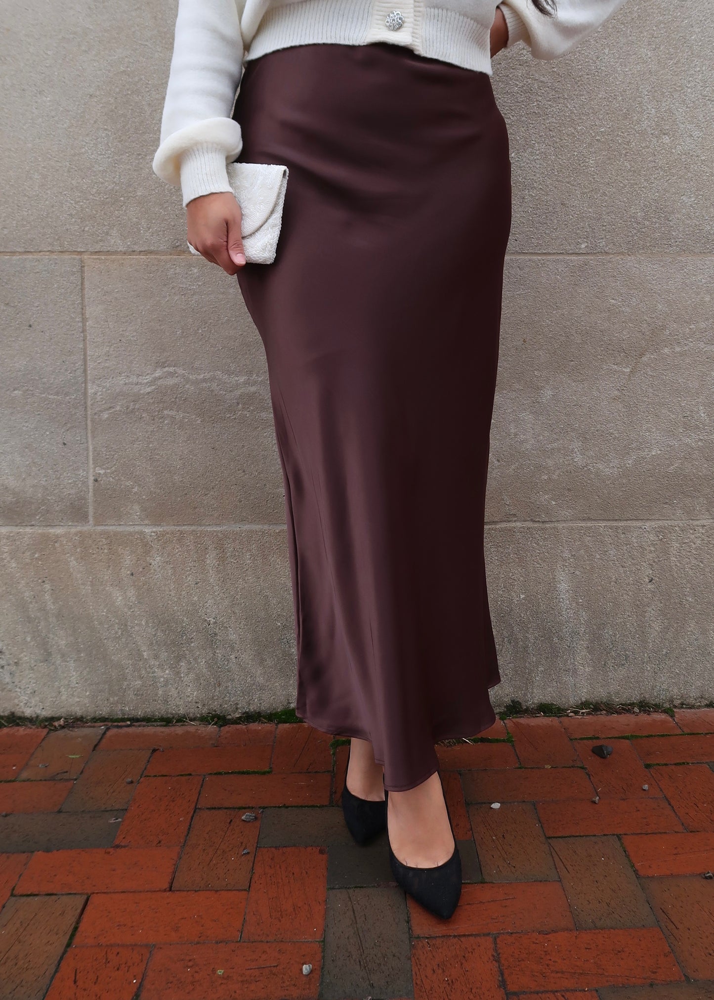 brown maxi satin skirt