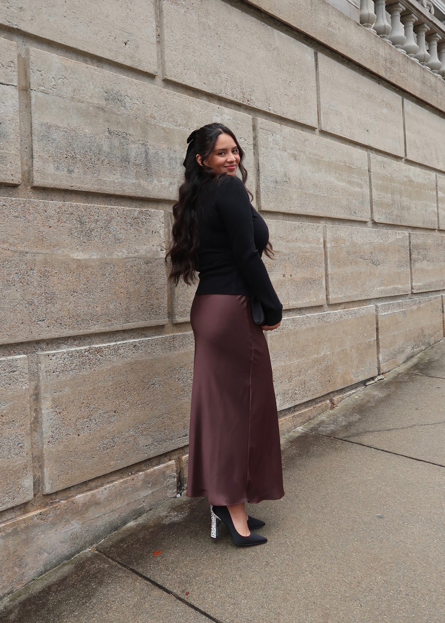 brown maxi satin skirt