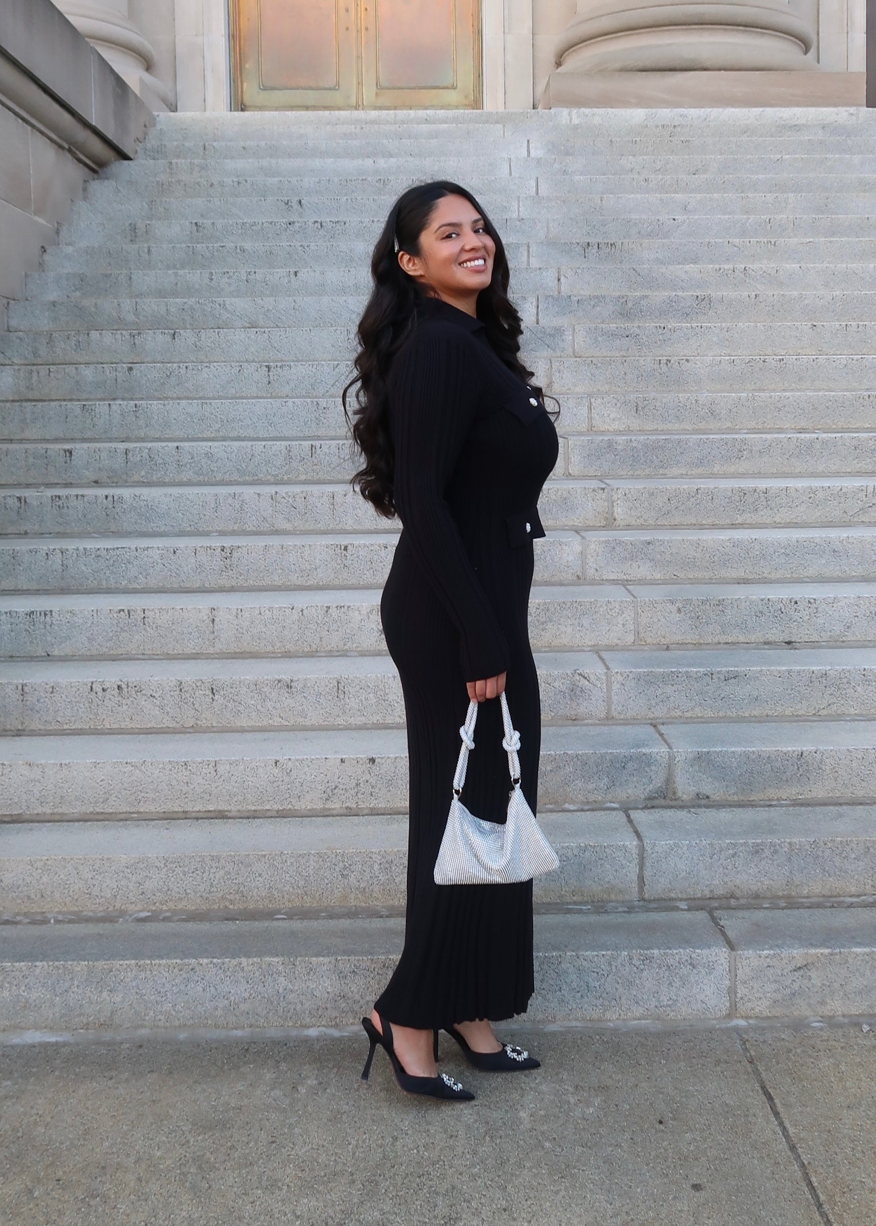 Black ribbed maxi dress, long sleeve, v-neck, collared, pockets,