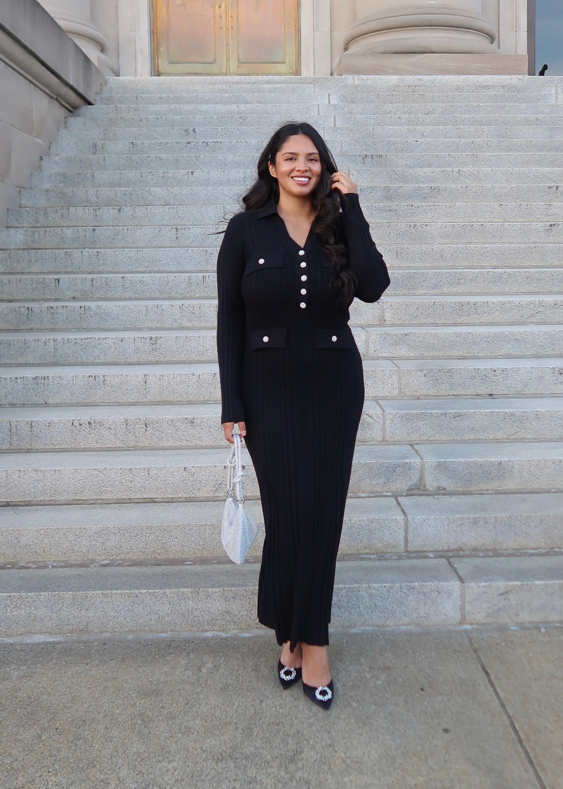 Black ribbed maxi dress, long sleeve, v-neck, collared, pockets,