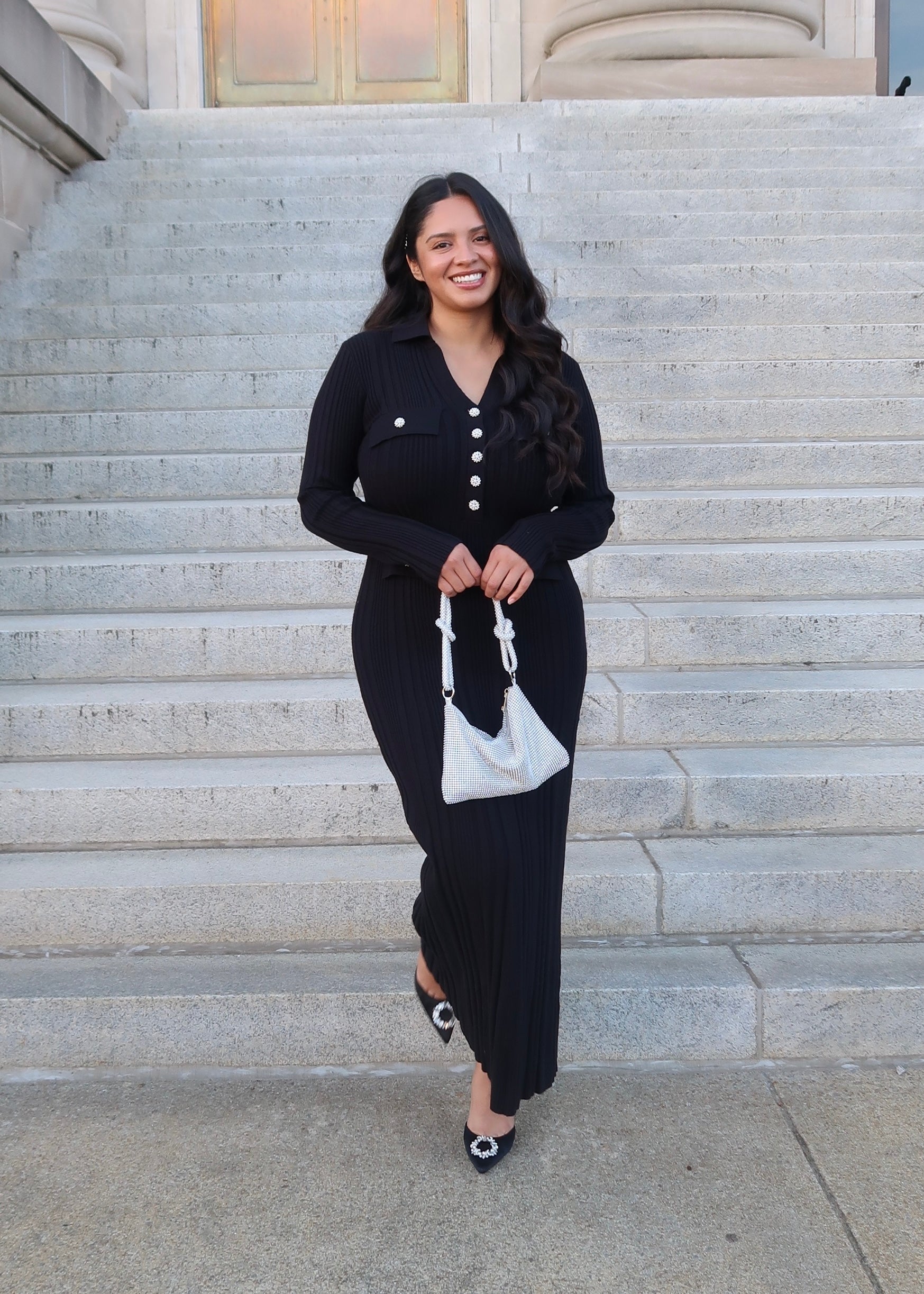 Black ribbed maxi dress, long sleeve, v-neck, collared, pockets,