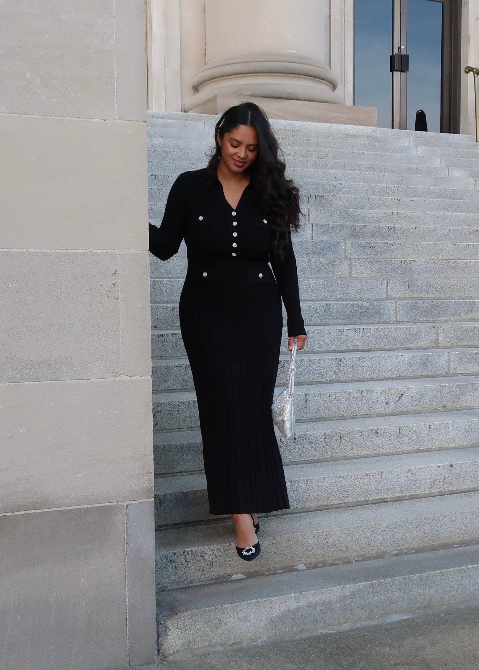 Black ribbed maxi dress, long sleeve, v-neck, collared, pockets,