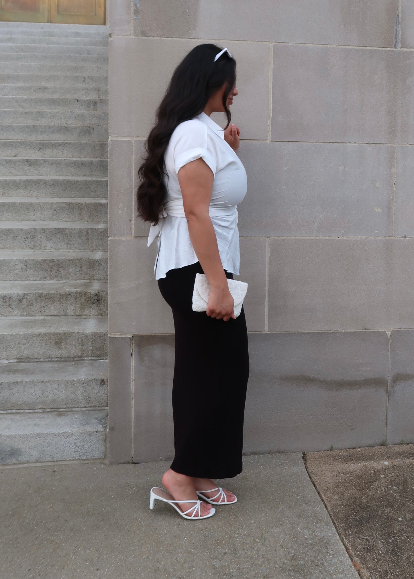 White waist tie blouse, button down, collared, short sleeve, peplum