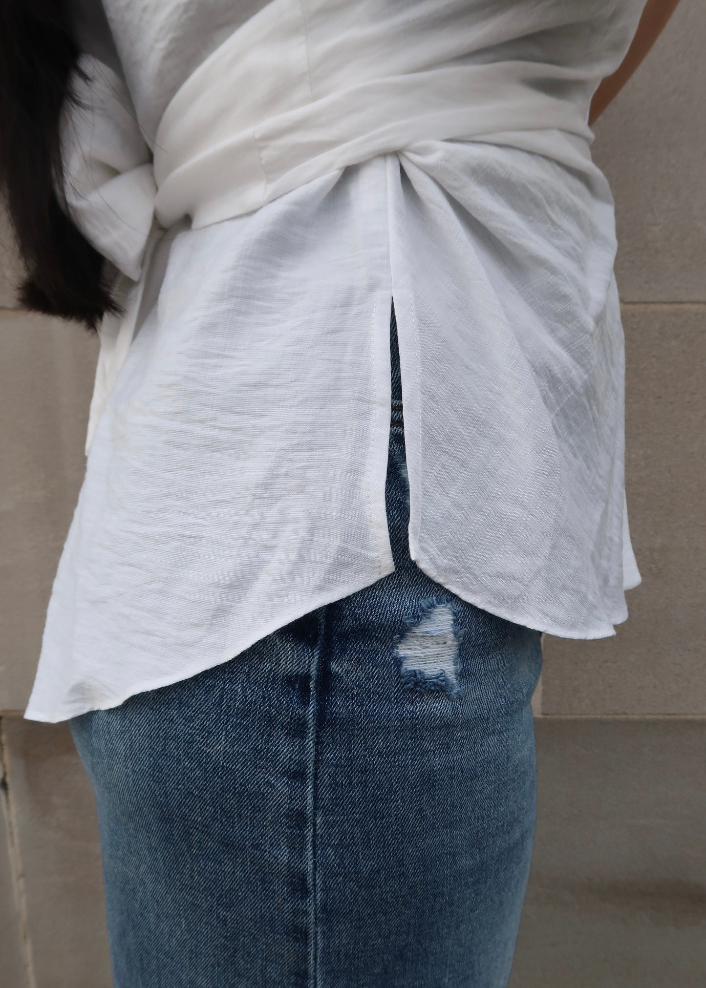 White waist tie blouse, button down, collared, short sleeve, peplum