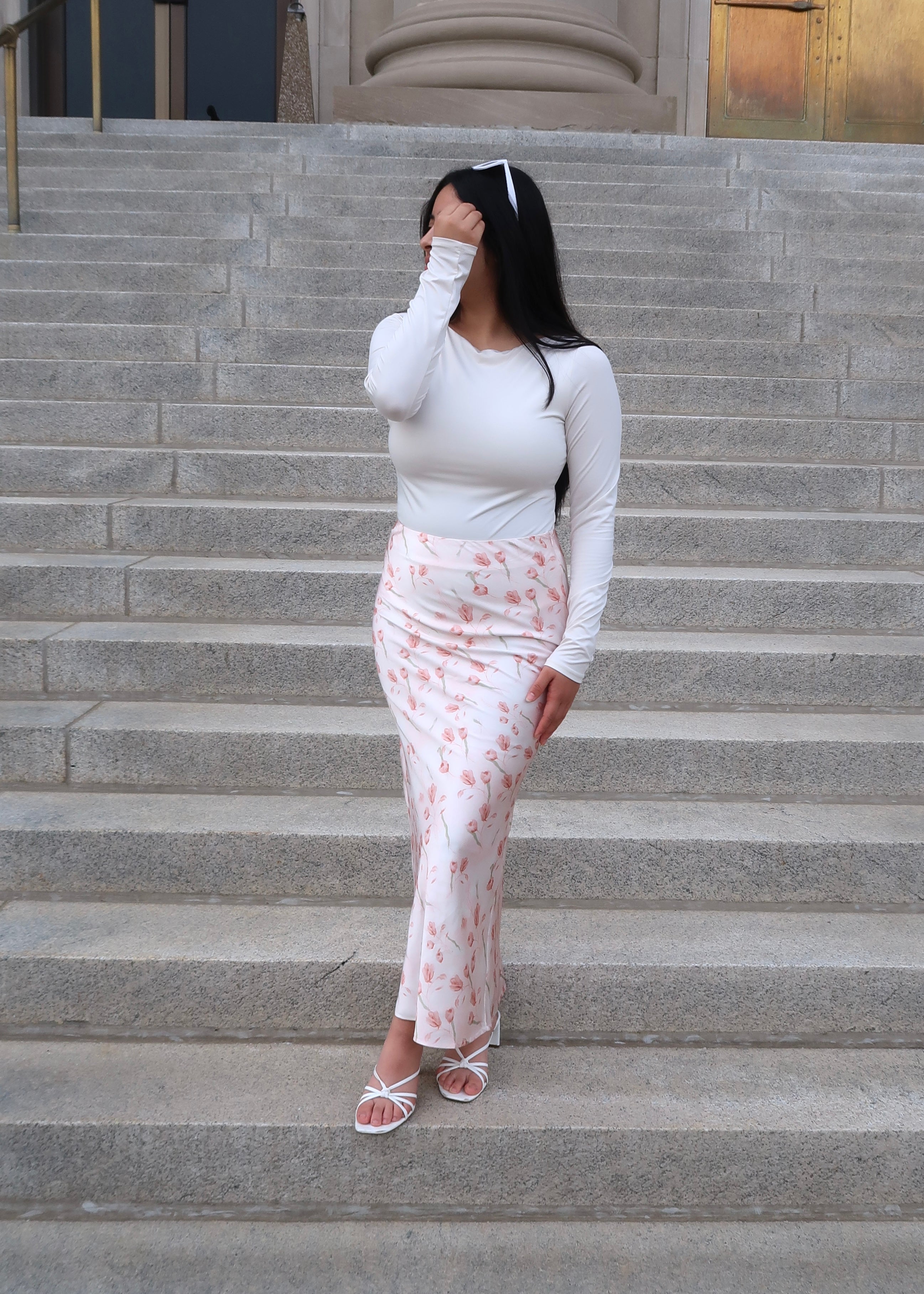 pink tulip maxi satin skirt