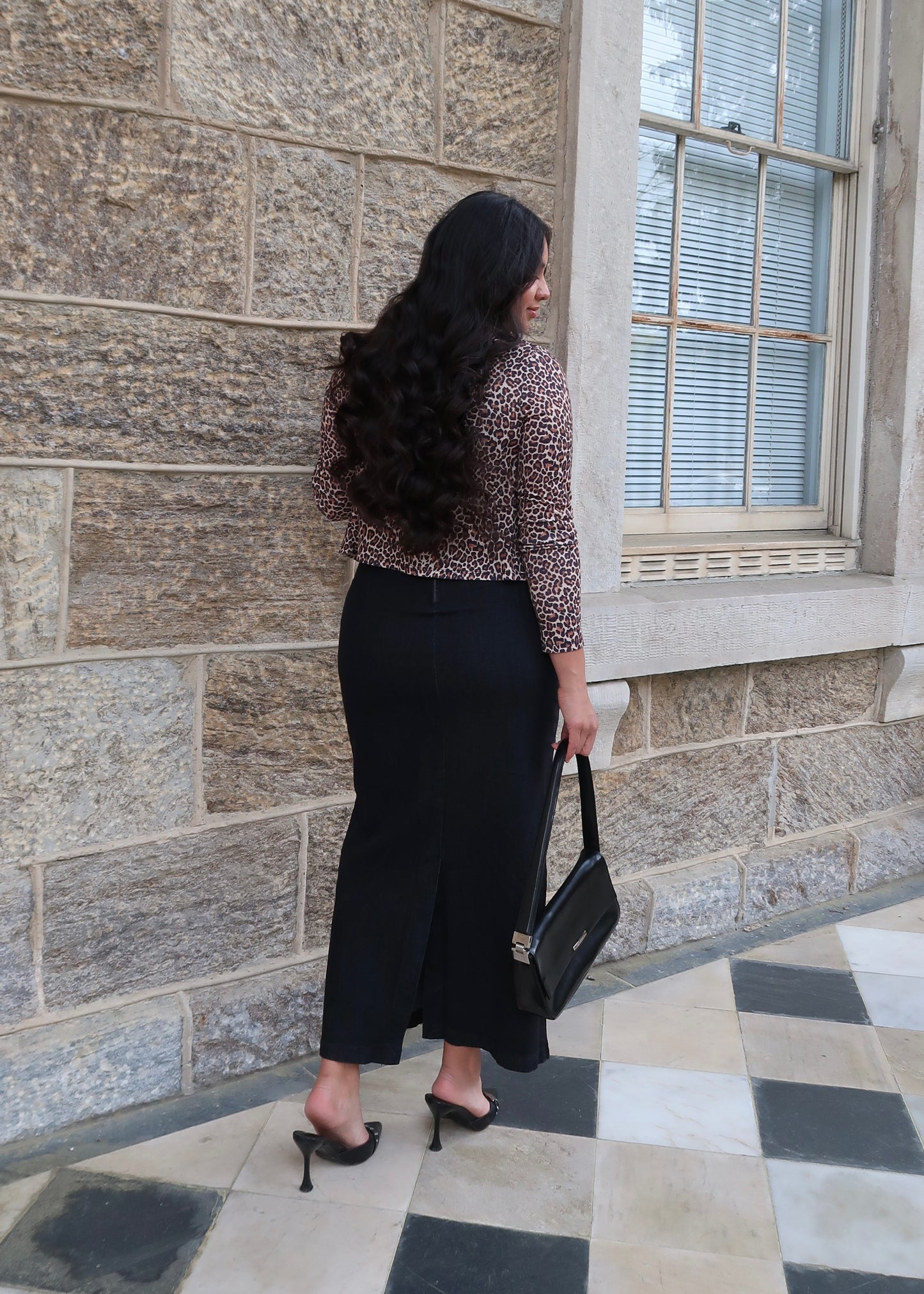 Black denim maxi dress, sleeveless, round neck