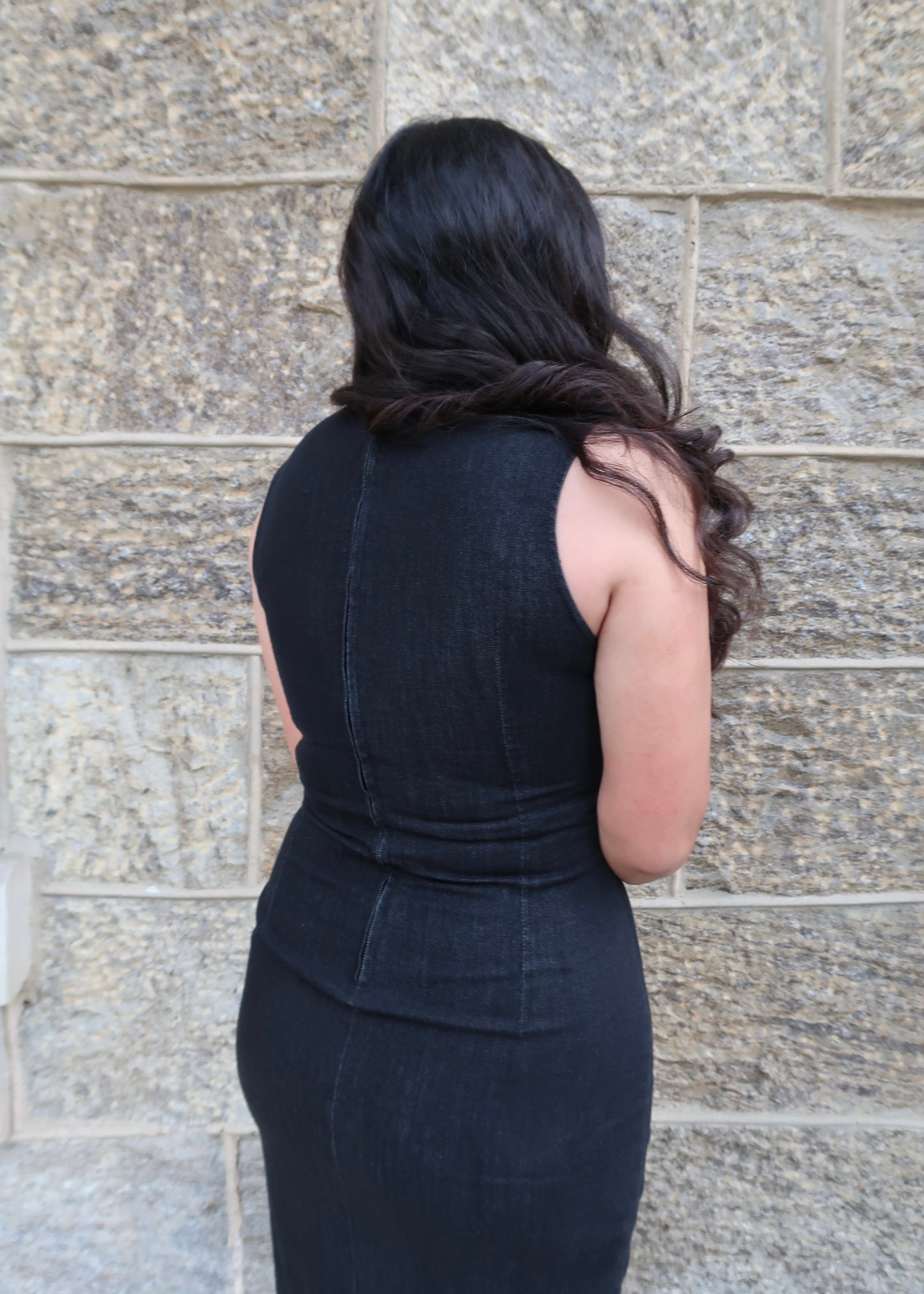 Black denim maxi dress, sleeveless, round neck