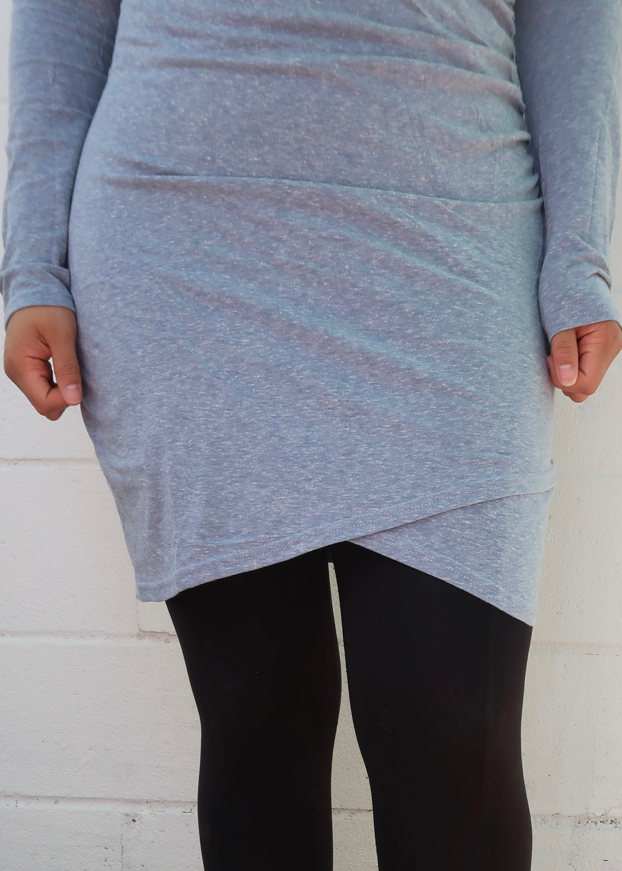 blue long sleeve top dress, ruched, asymmetrical hem, mini length