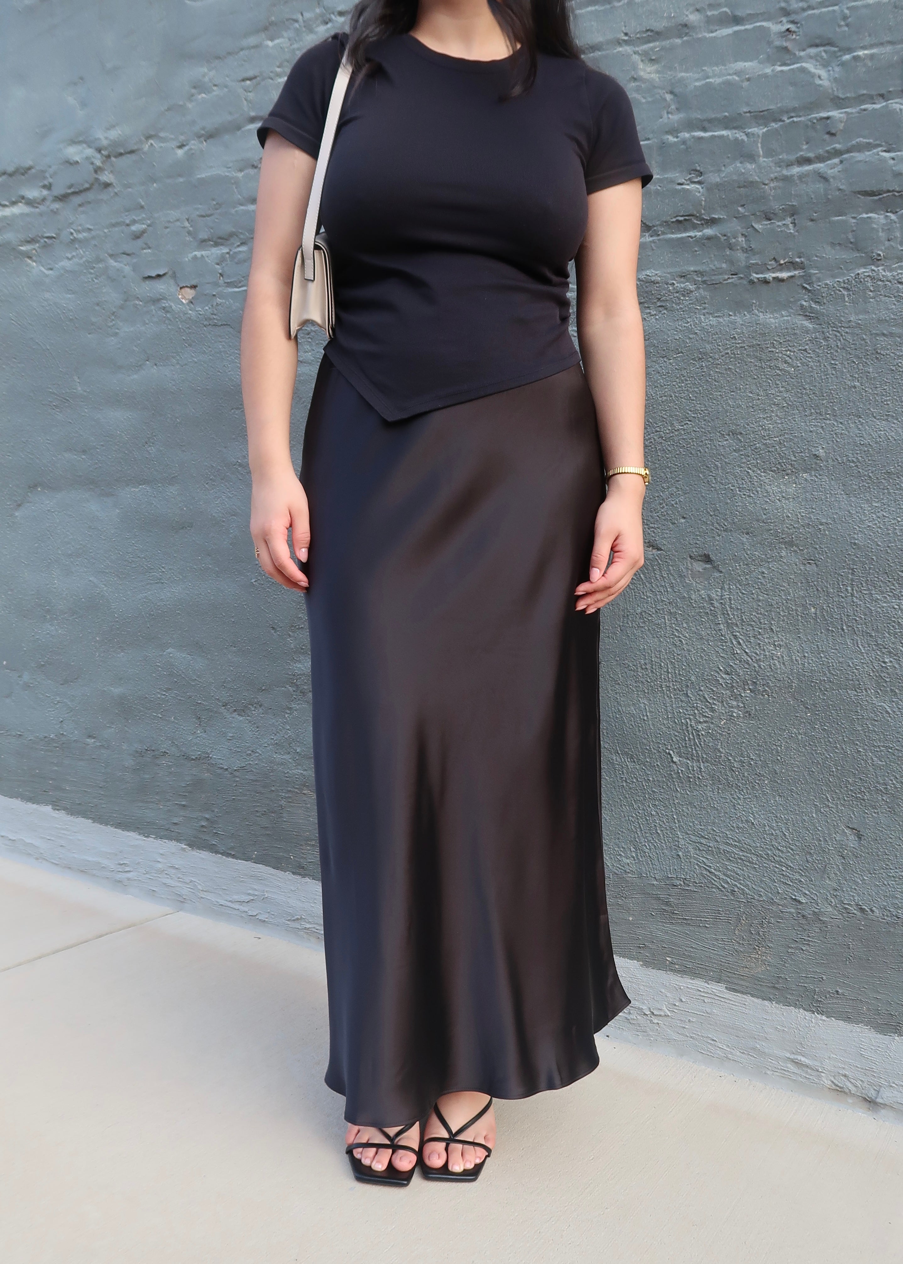 Black satin maxi skirt