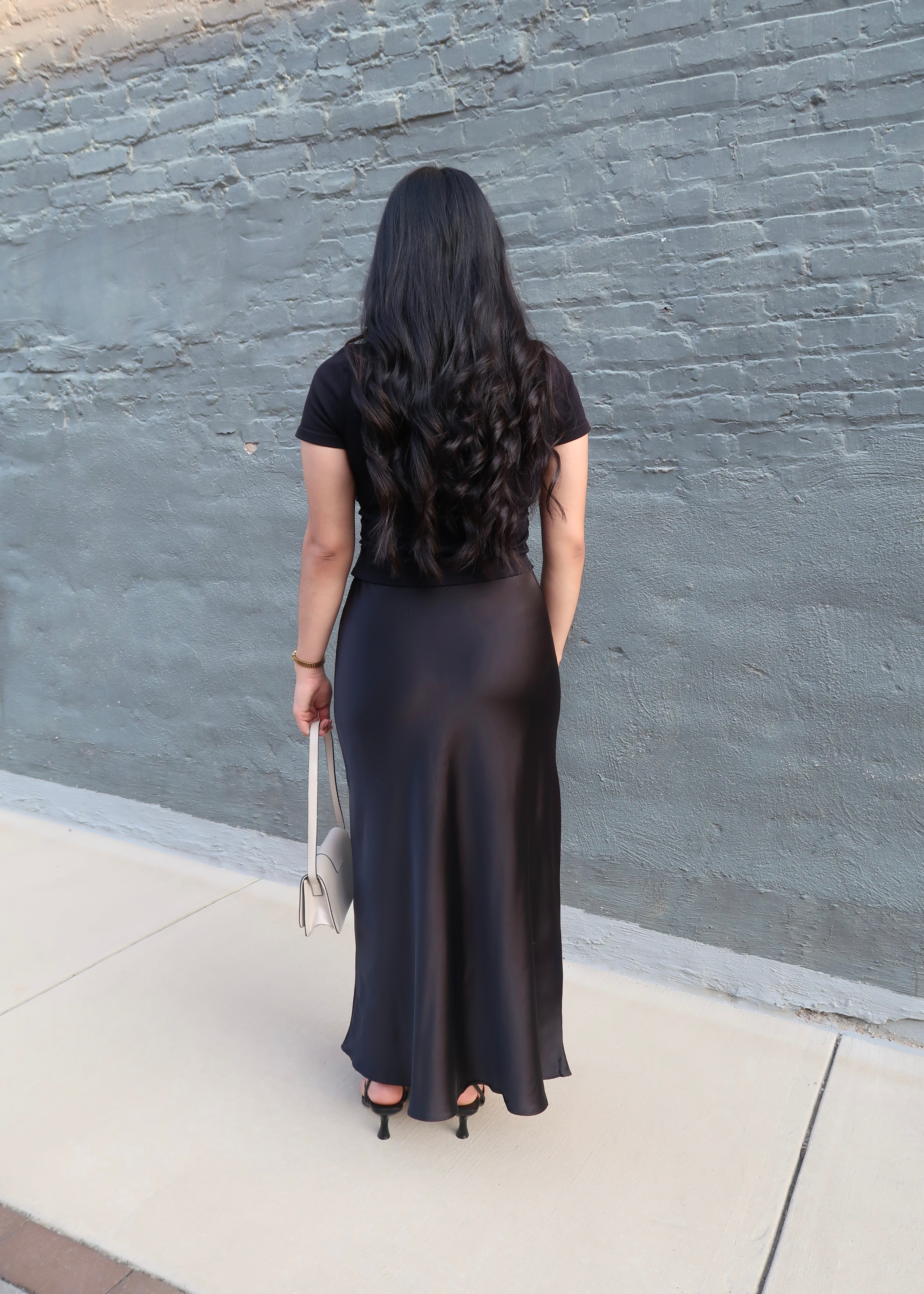 Black satin maxi skirt