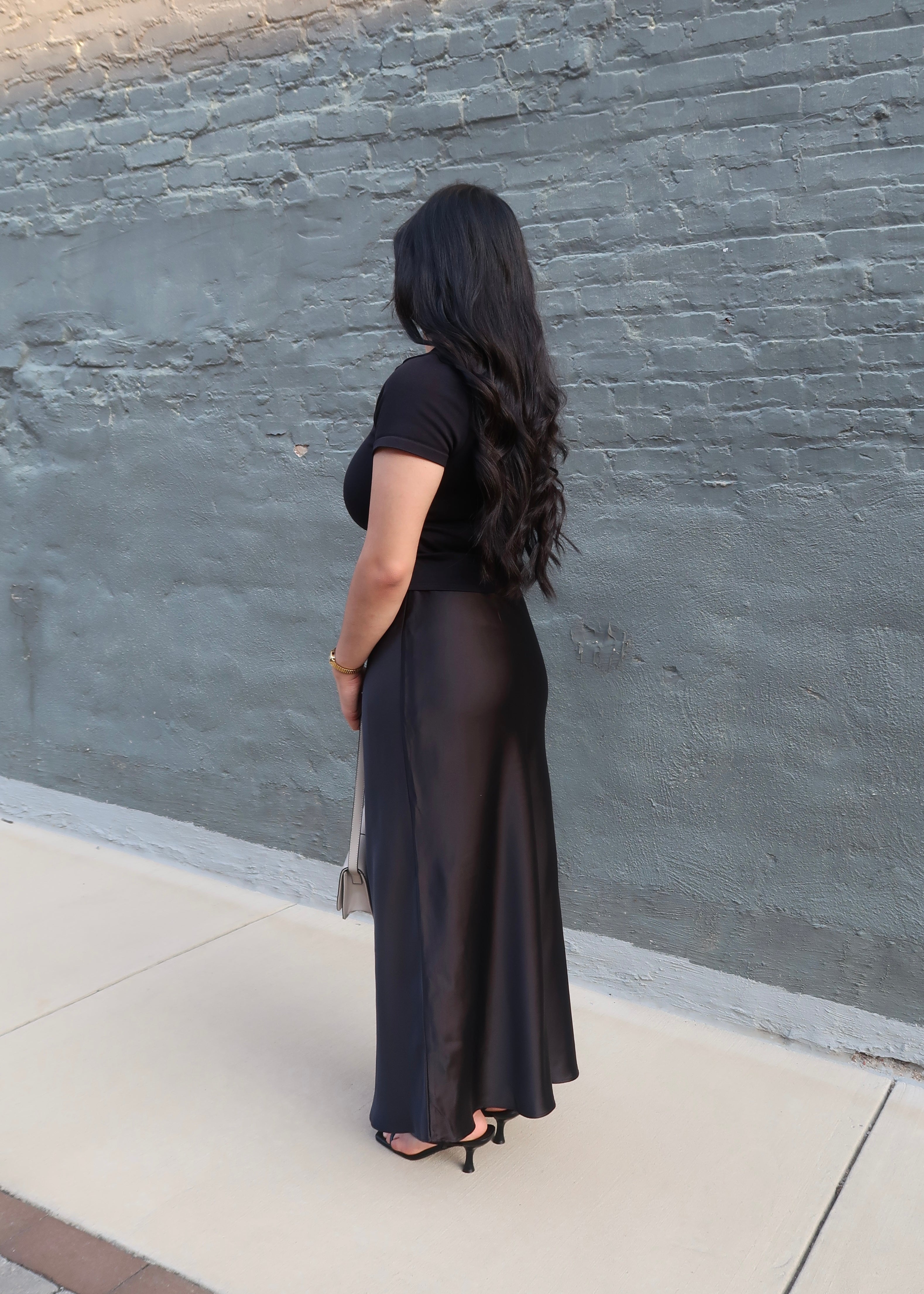 Black satin maxi skirt
