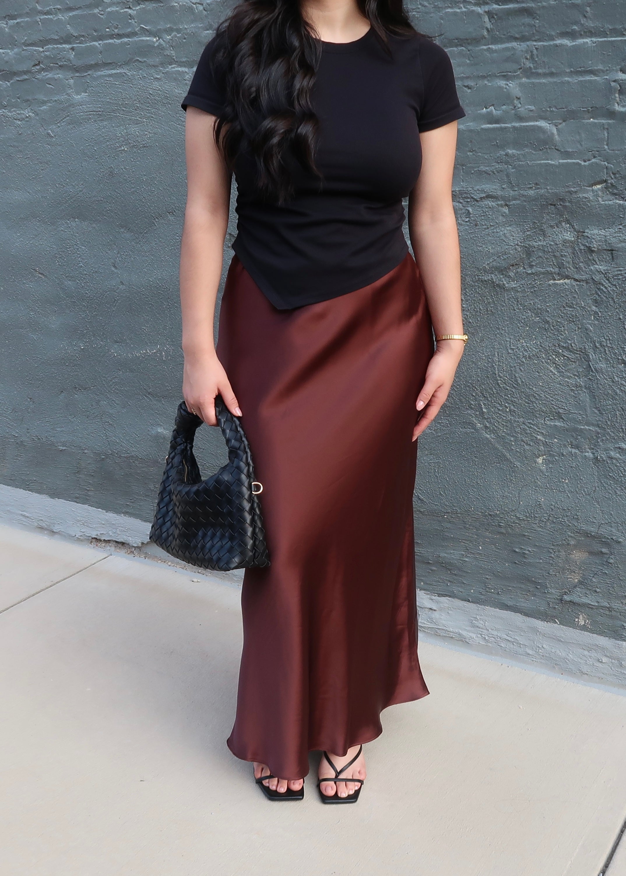 brown chestnut maxi satin skirt high waisted
