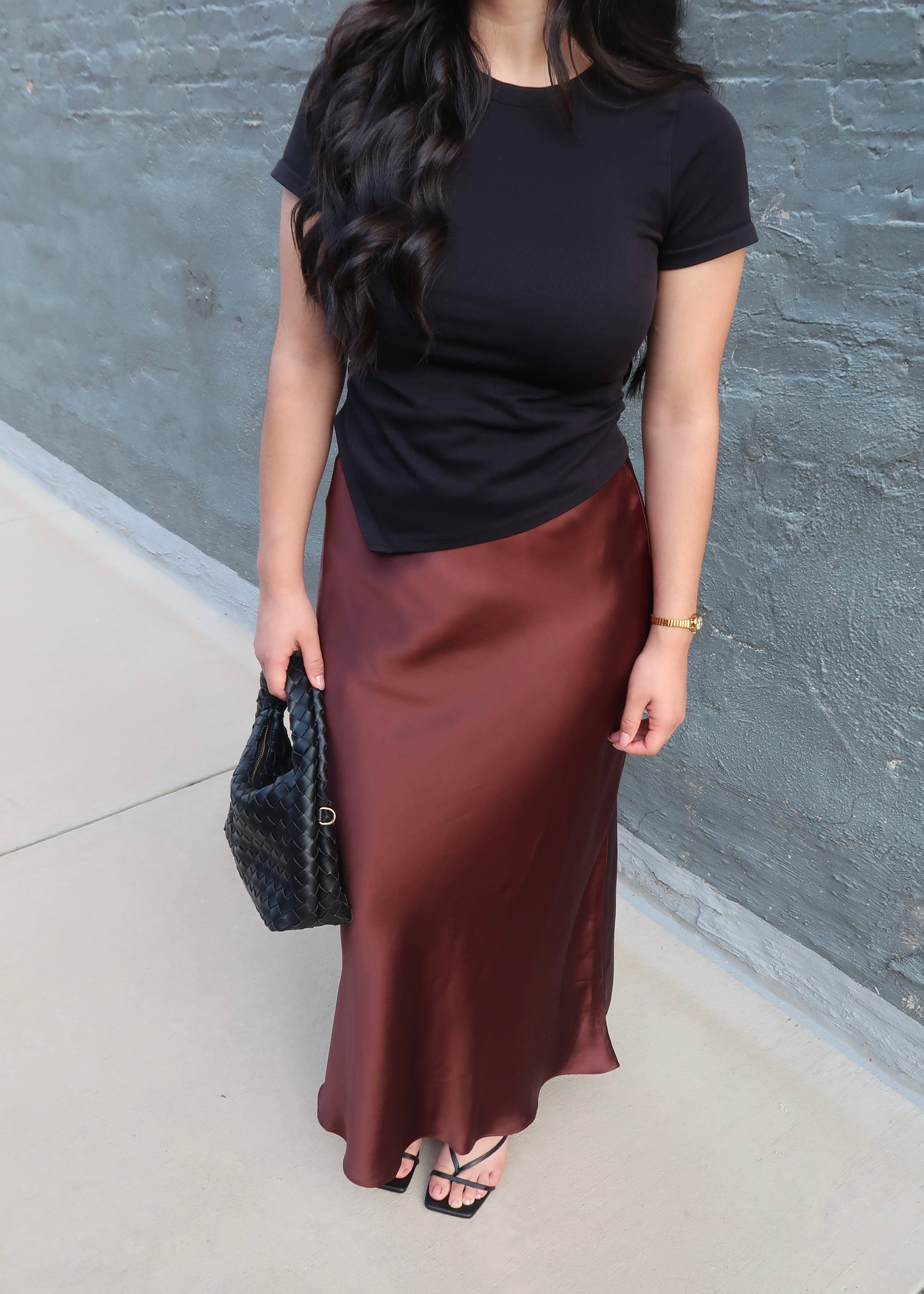 brown chestnut maxi satin skirt high waisted
