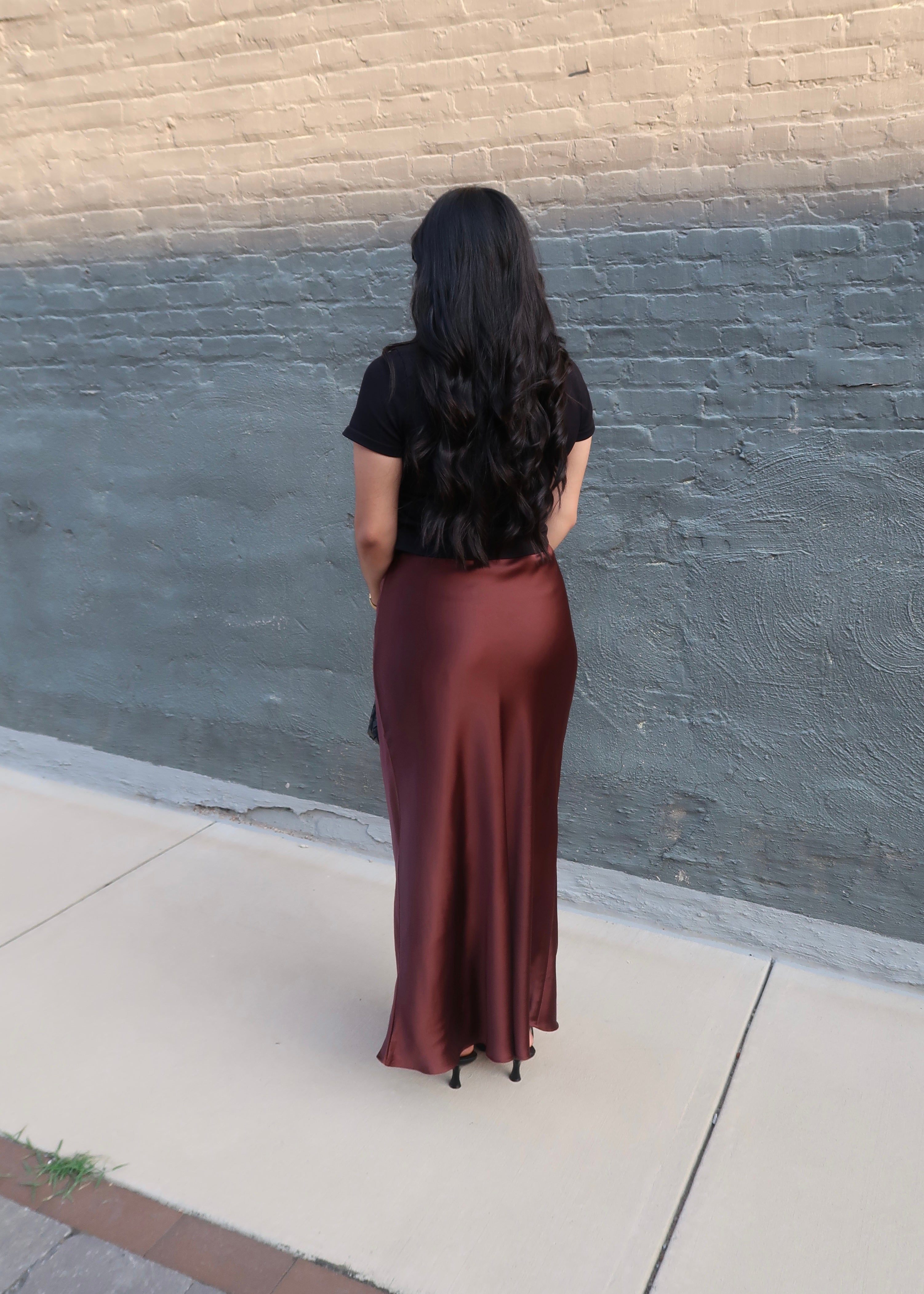 brown chestnut maxi satin skirt high waisted
