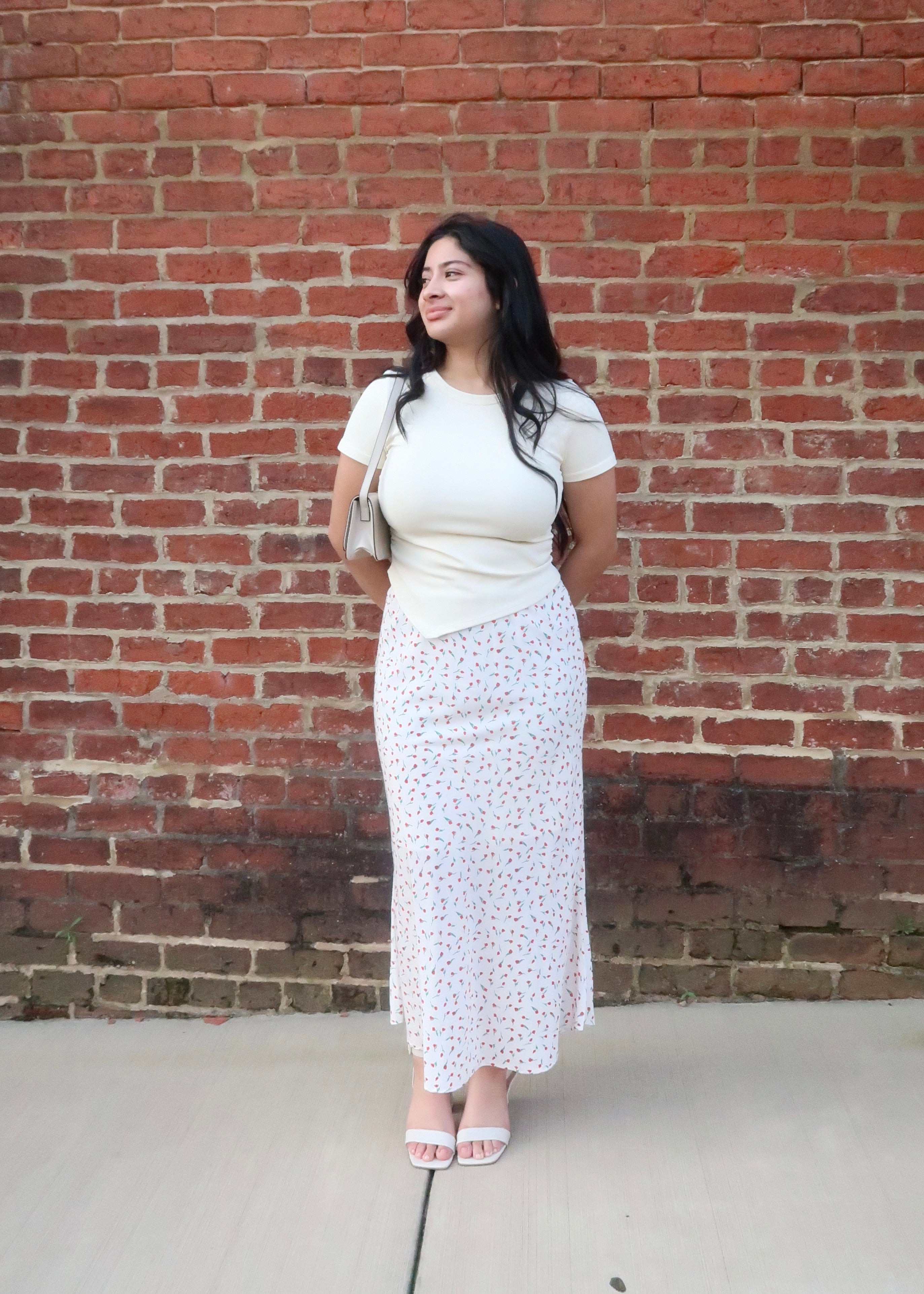 off white, cream, red floral maxi skirt