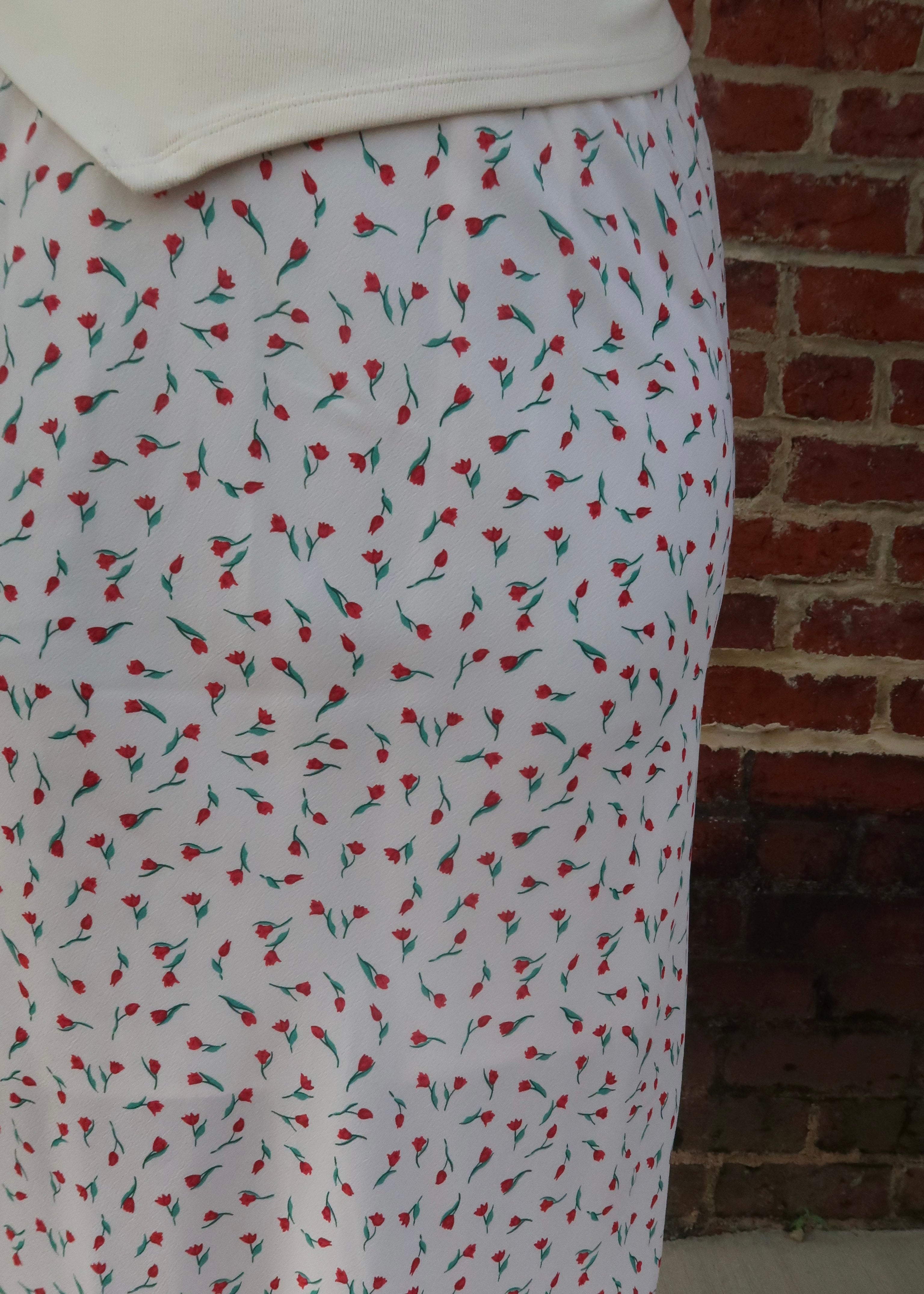 off white, cream, red floral maxi skirt