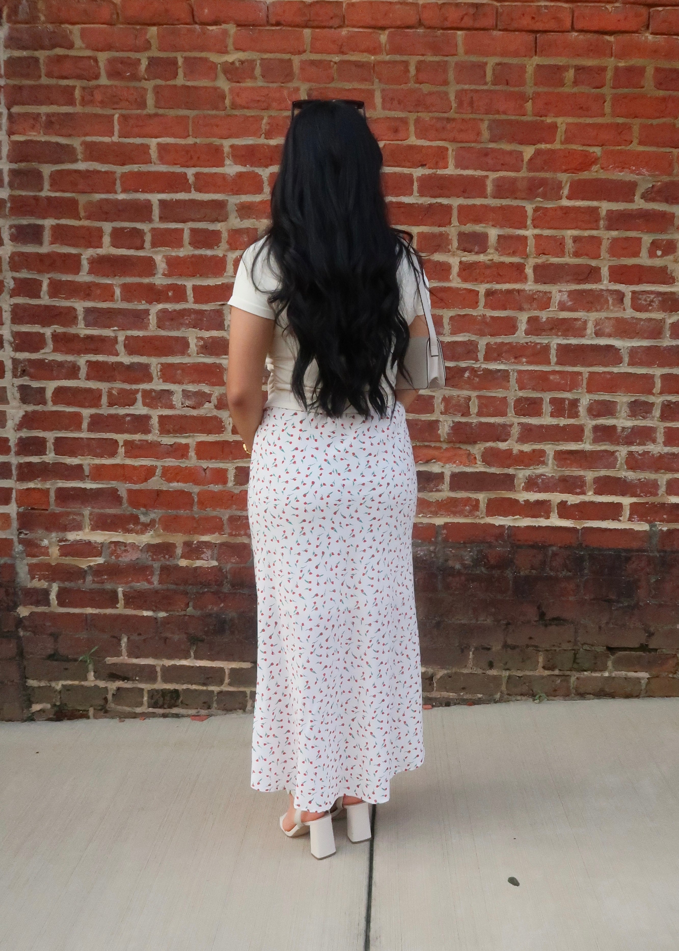 off white, cream, red floral maxi skirt