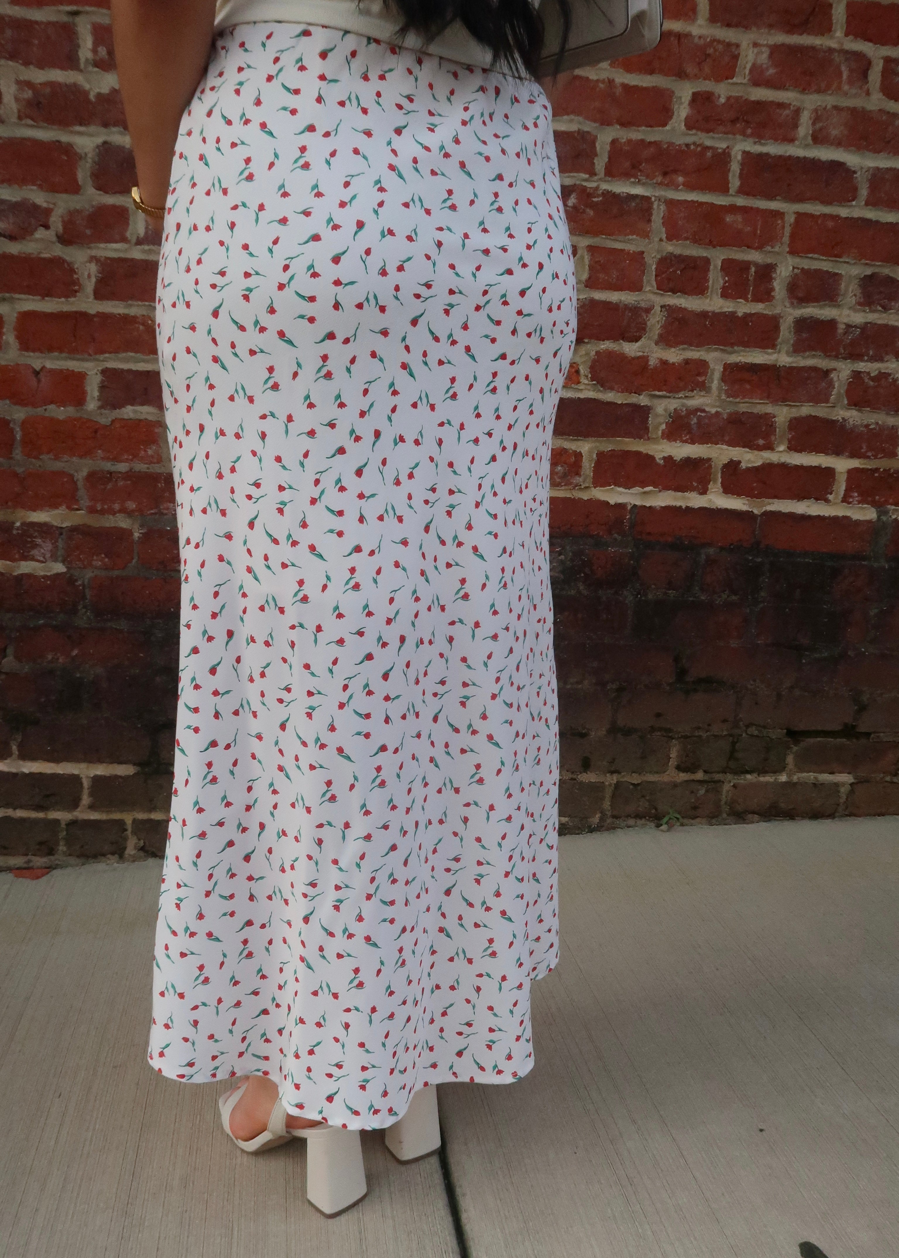 off white, cream, red floral maxi skirt