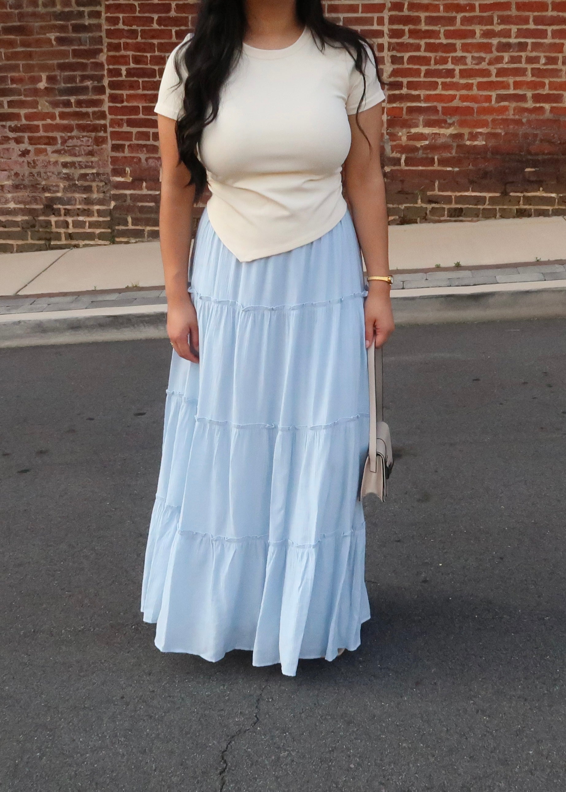 baby blue tiered maxi skirt