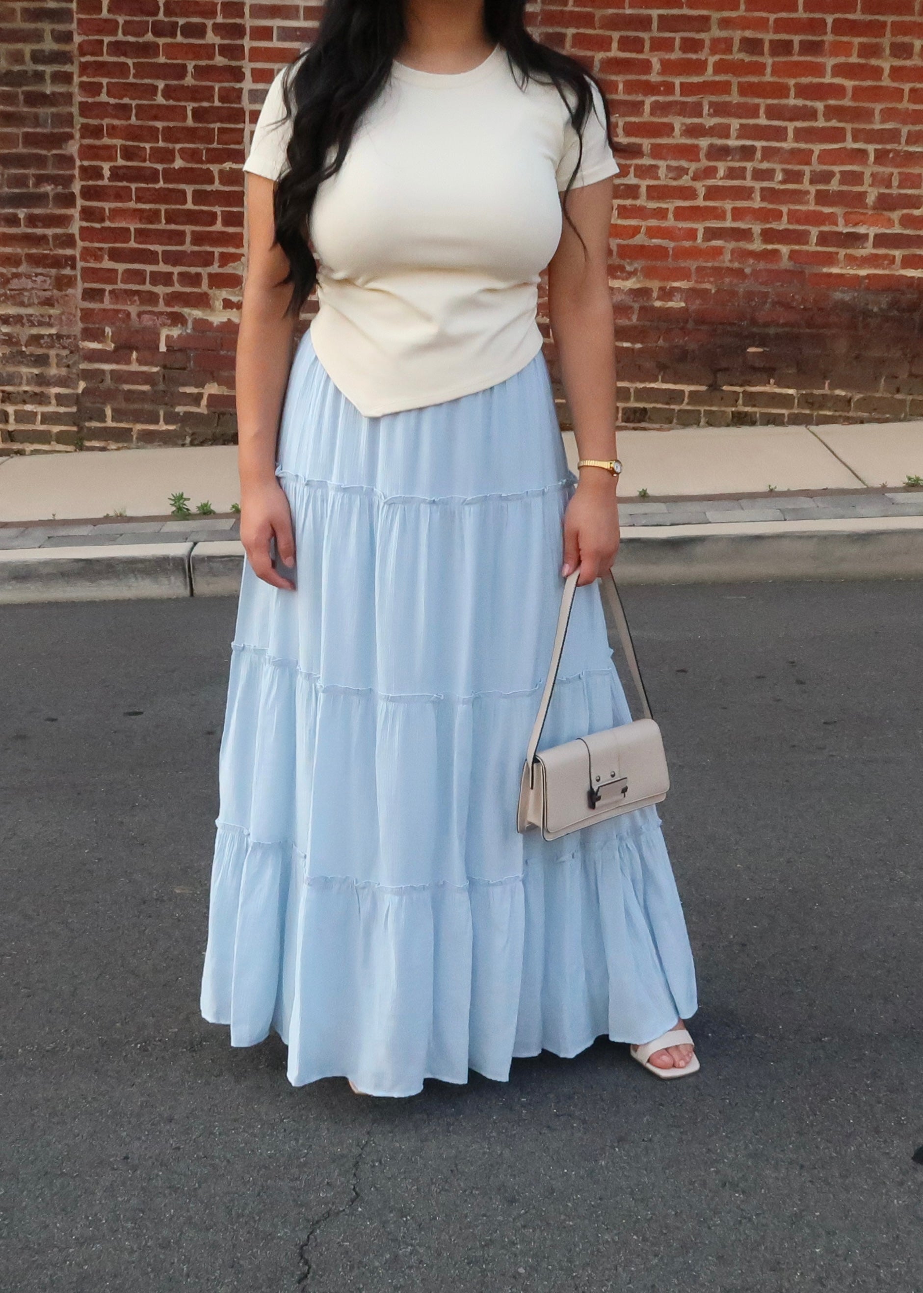 baby blue tiered maxi skirt