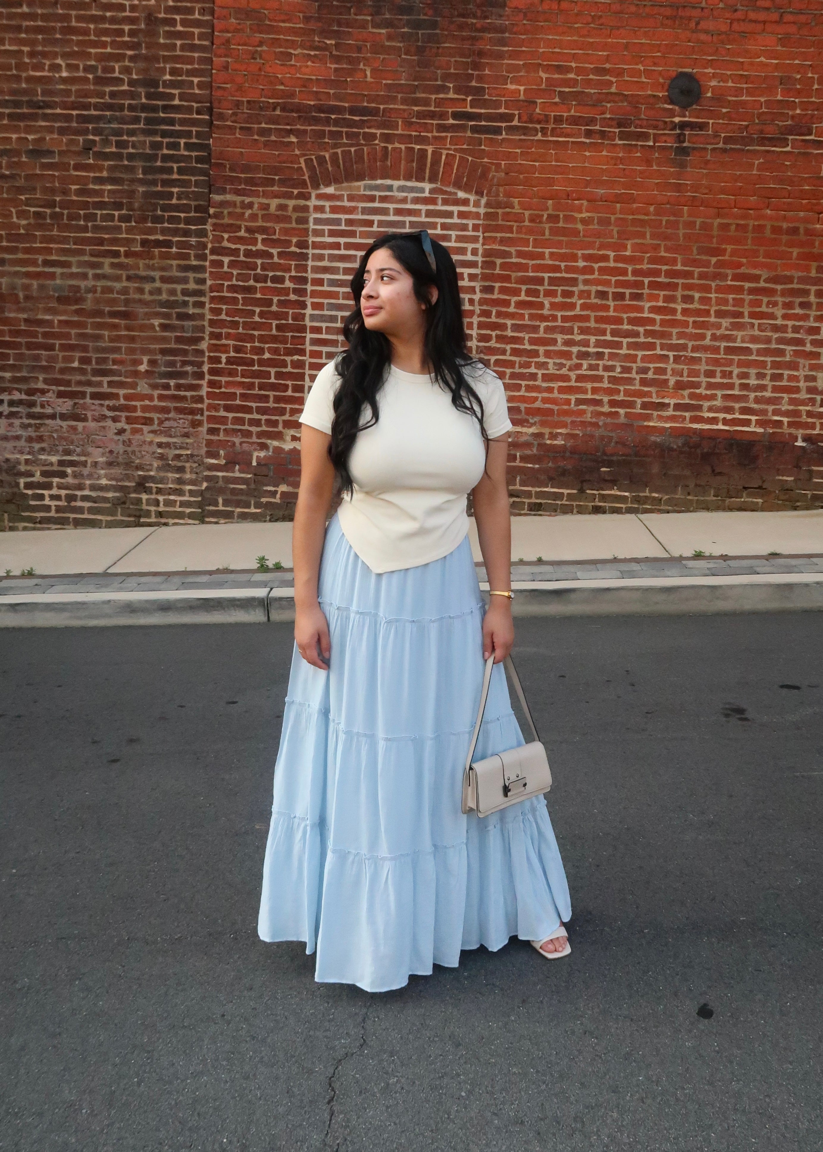 baby blue tiered maxi skirt