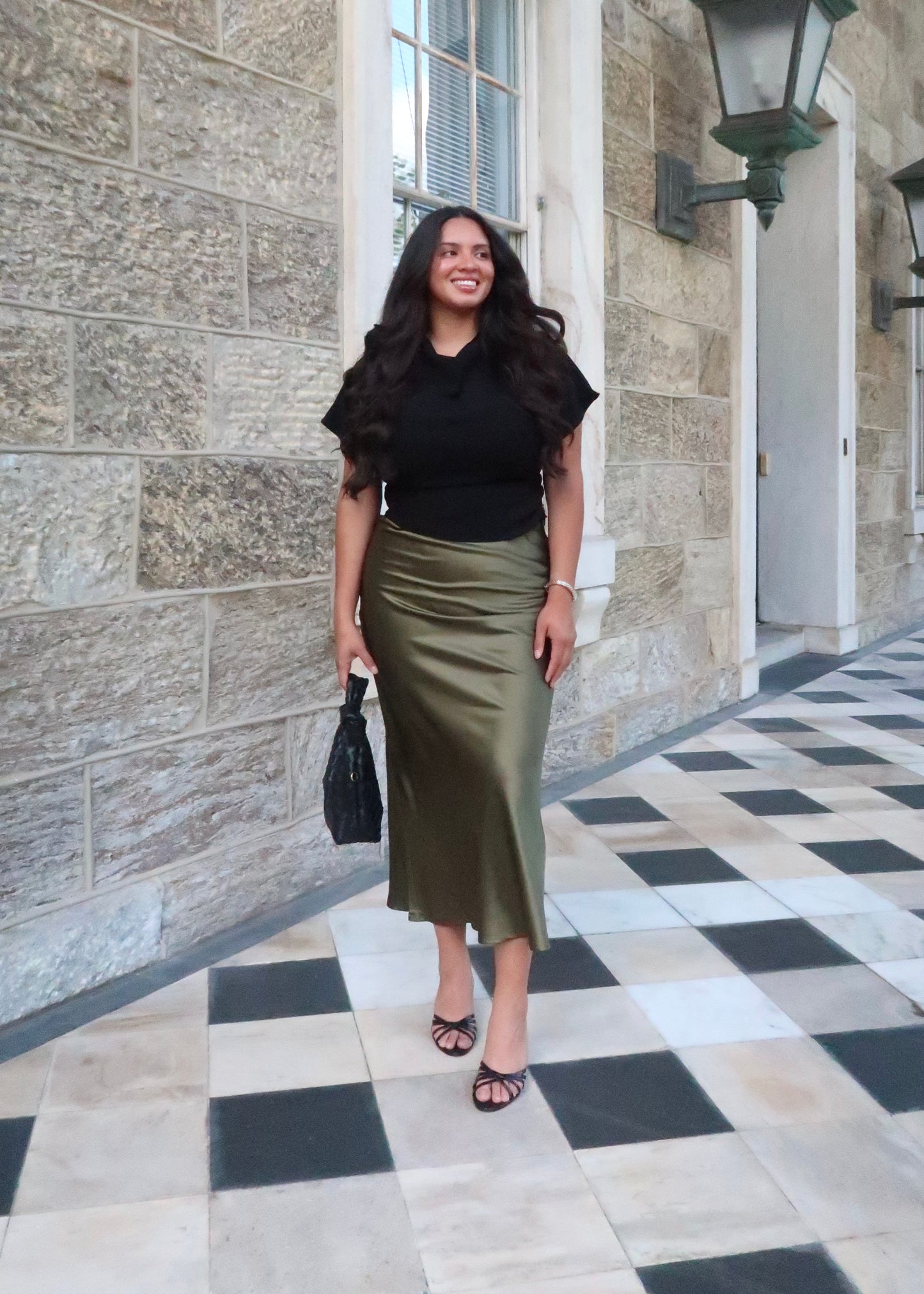 olive green satin midi skirt
