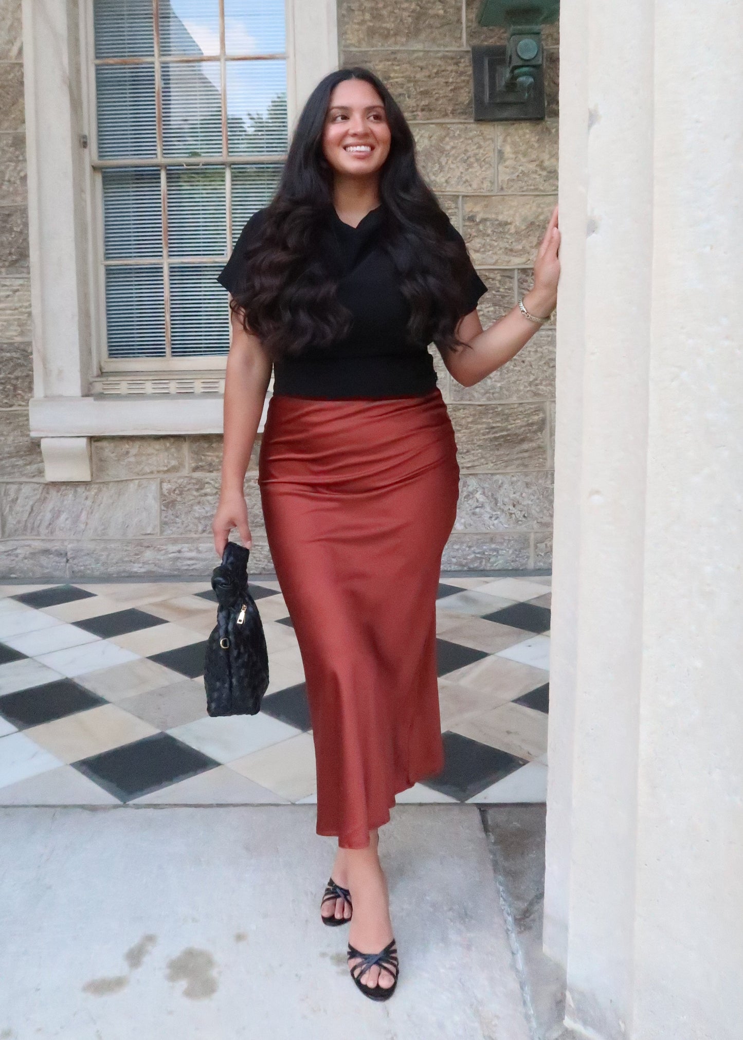 rust orange, dark orange, sienna satin midi skirt