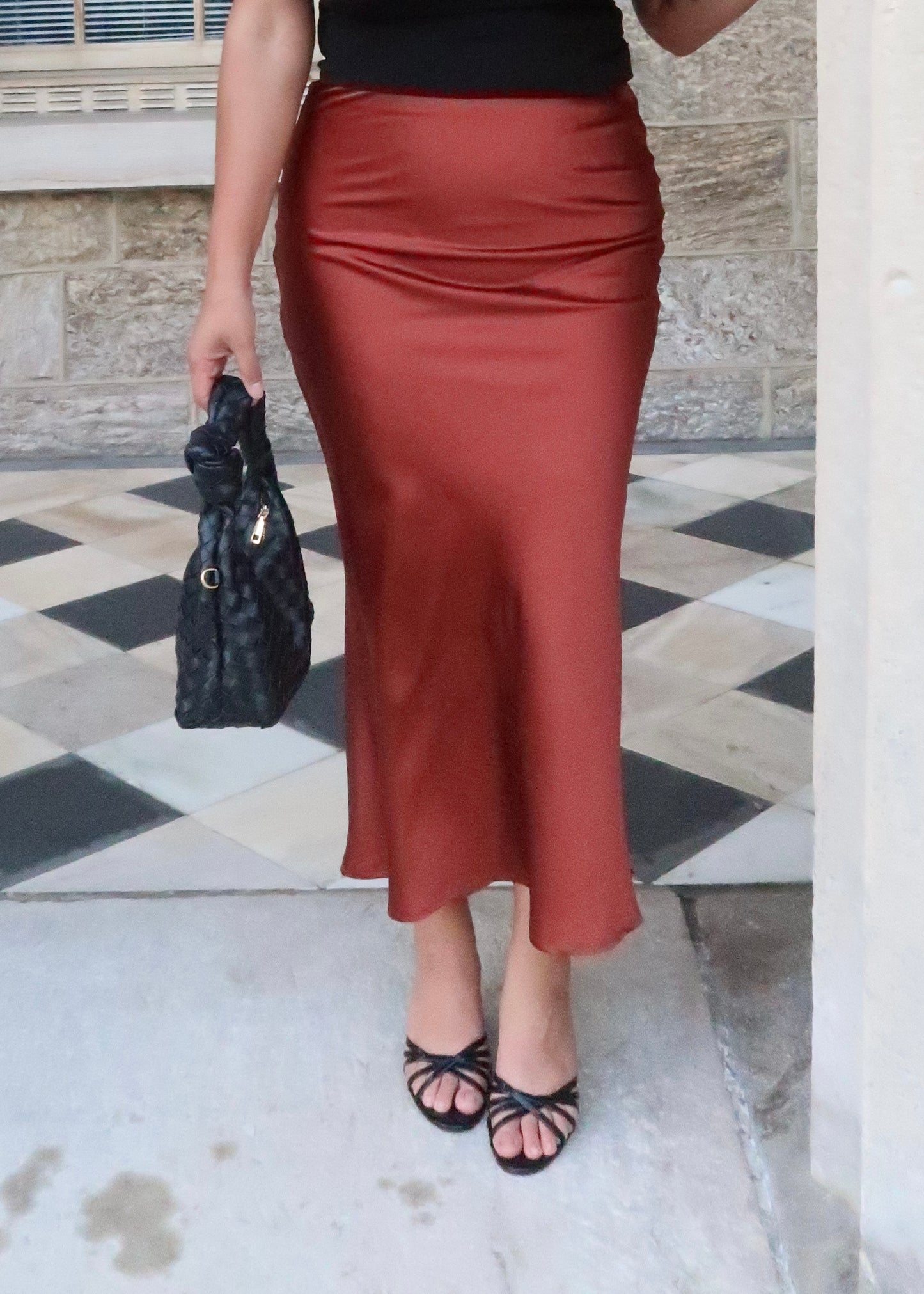 rust orange, dark orange, sienna satin midi skirt