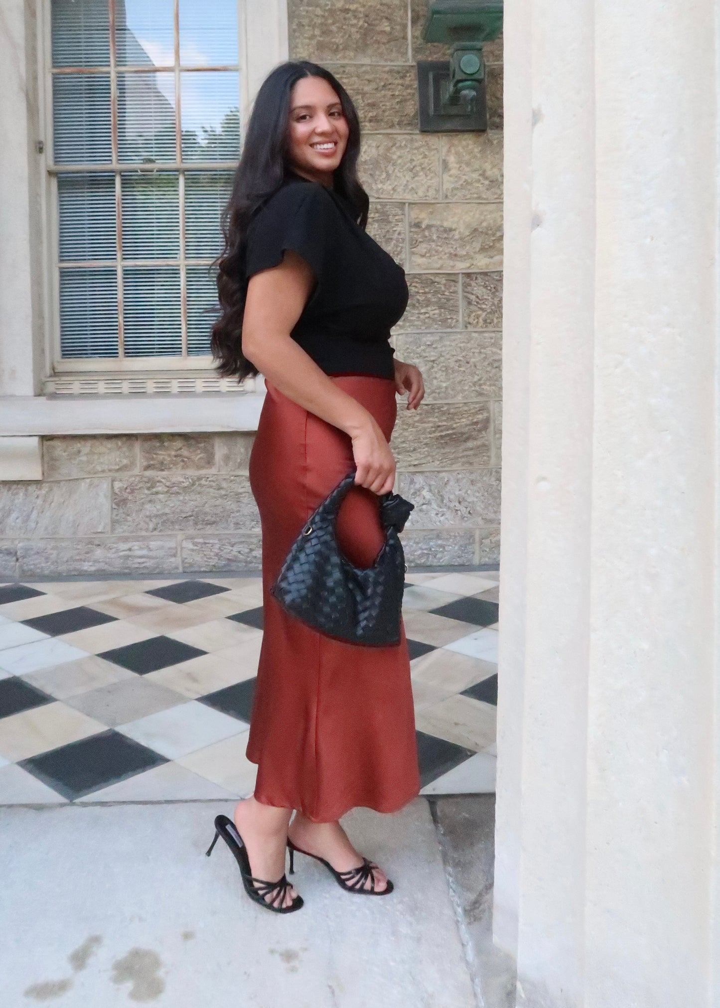 rust orange, dark orange, sienna satin midi skirt
