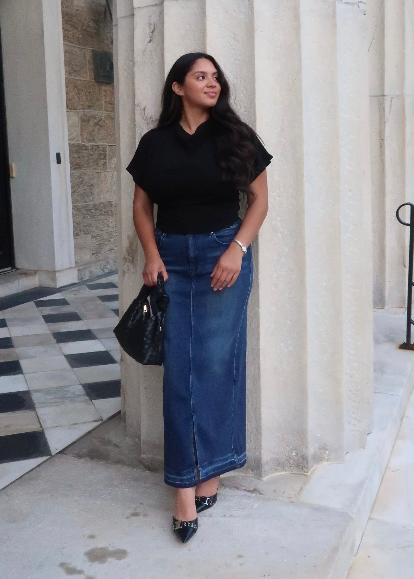 raw hem, denim blue, front slit maxi denim skirt, high waisted