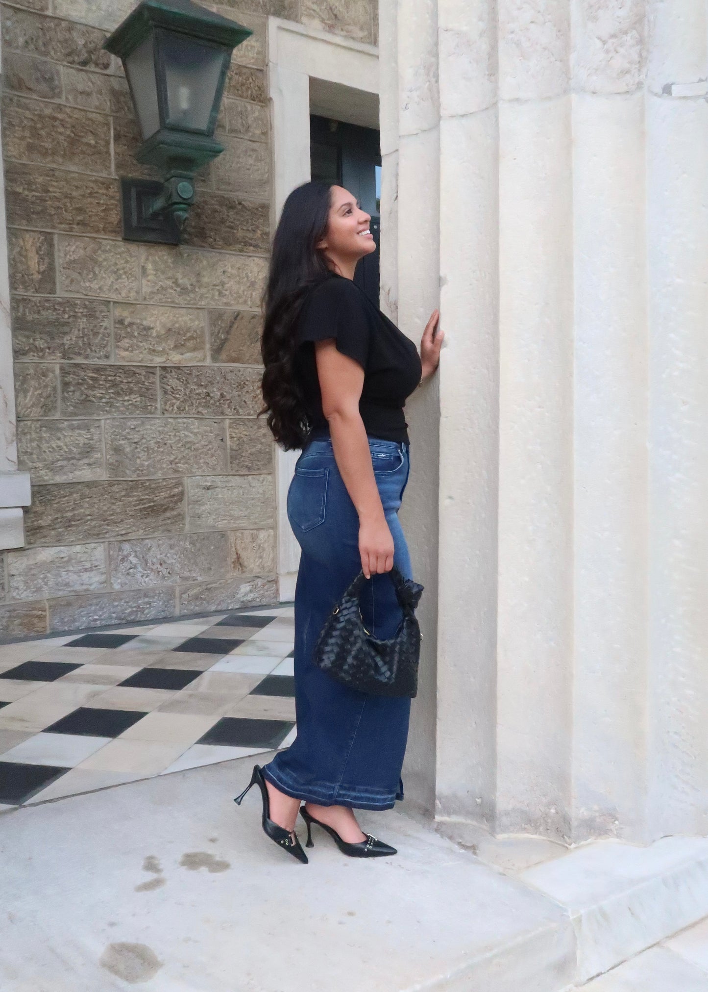 raw hem, denim blue, front slit maxi denim skirt, high waisted