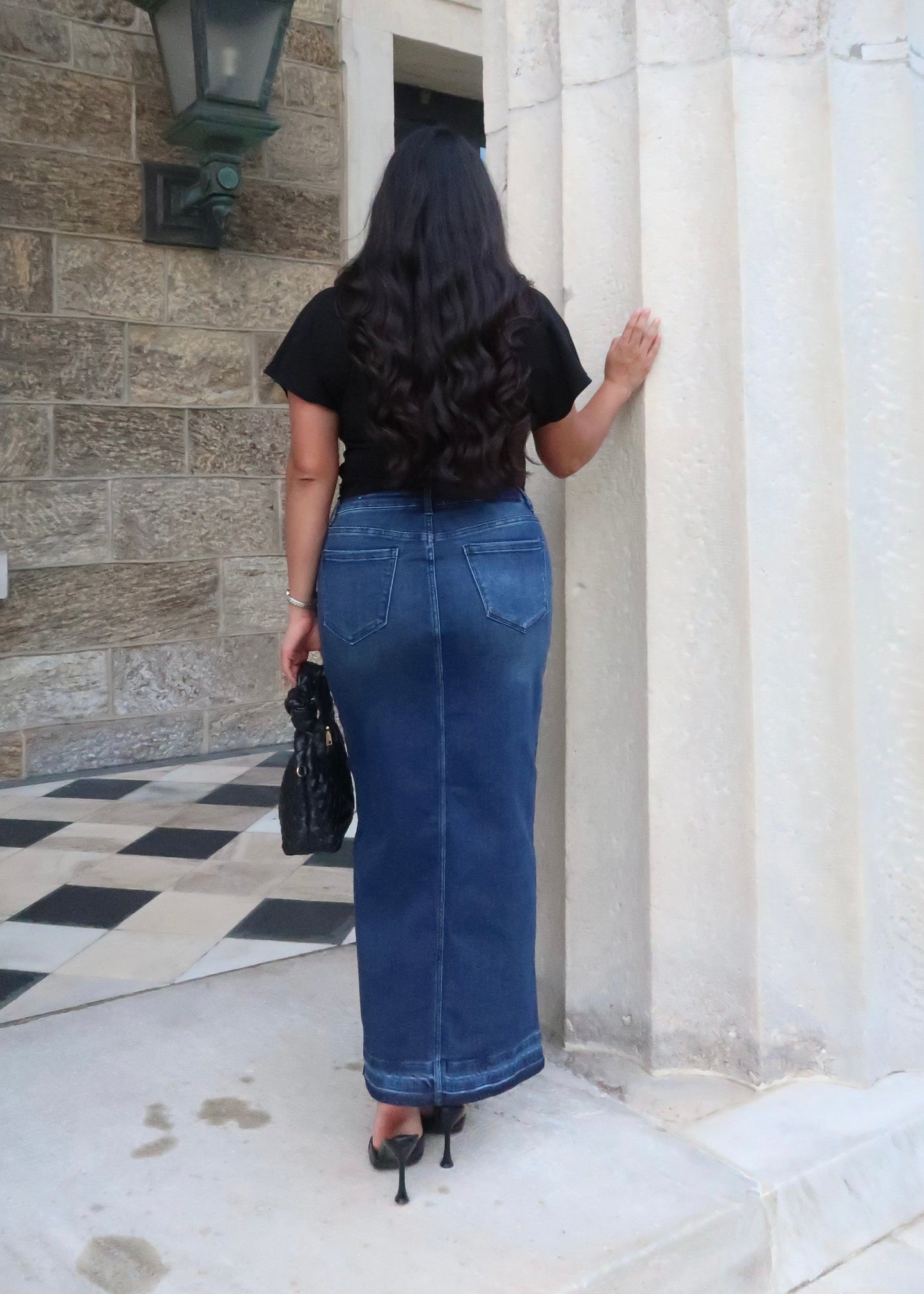raw hem, denim blue, front slit maxi denim skirt, high waisted