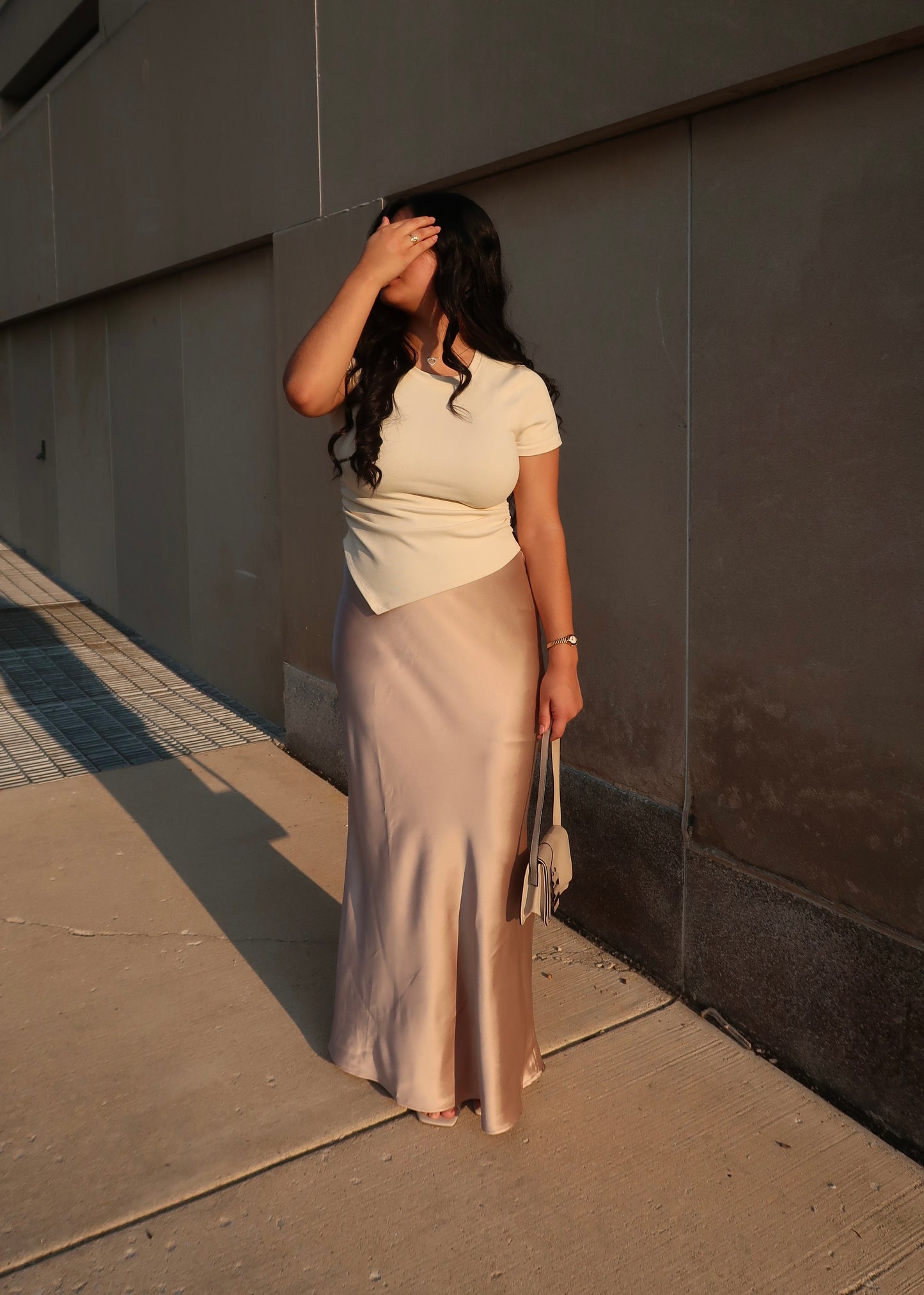 beige maxi satin skirt