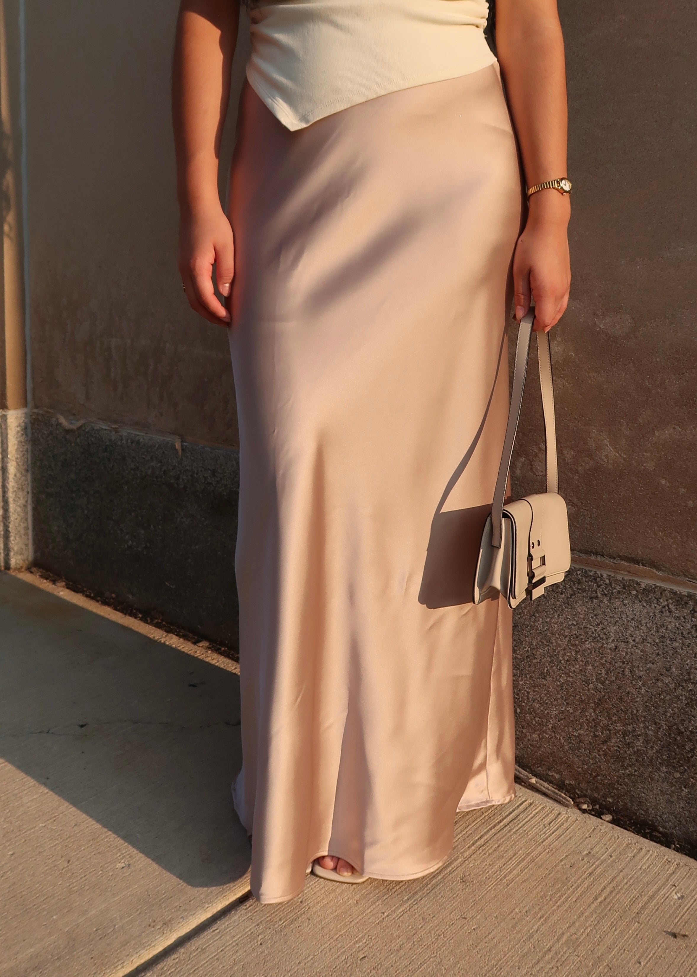 beige maxi satin skirt