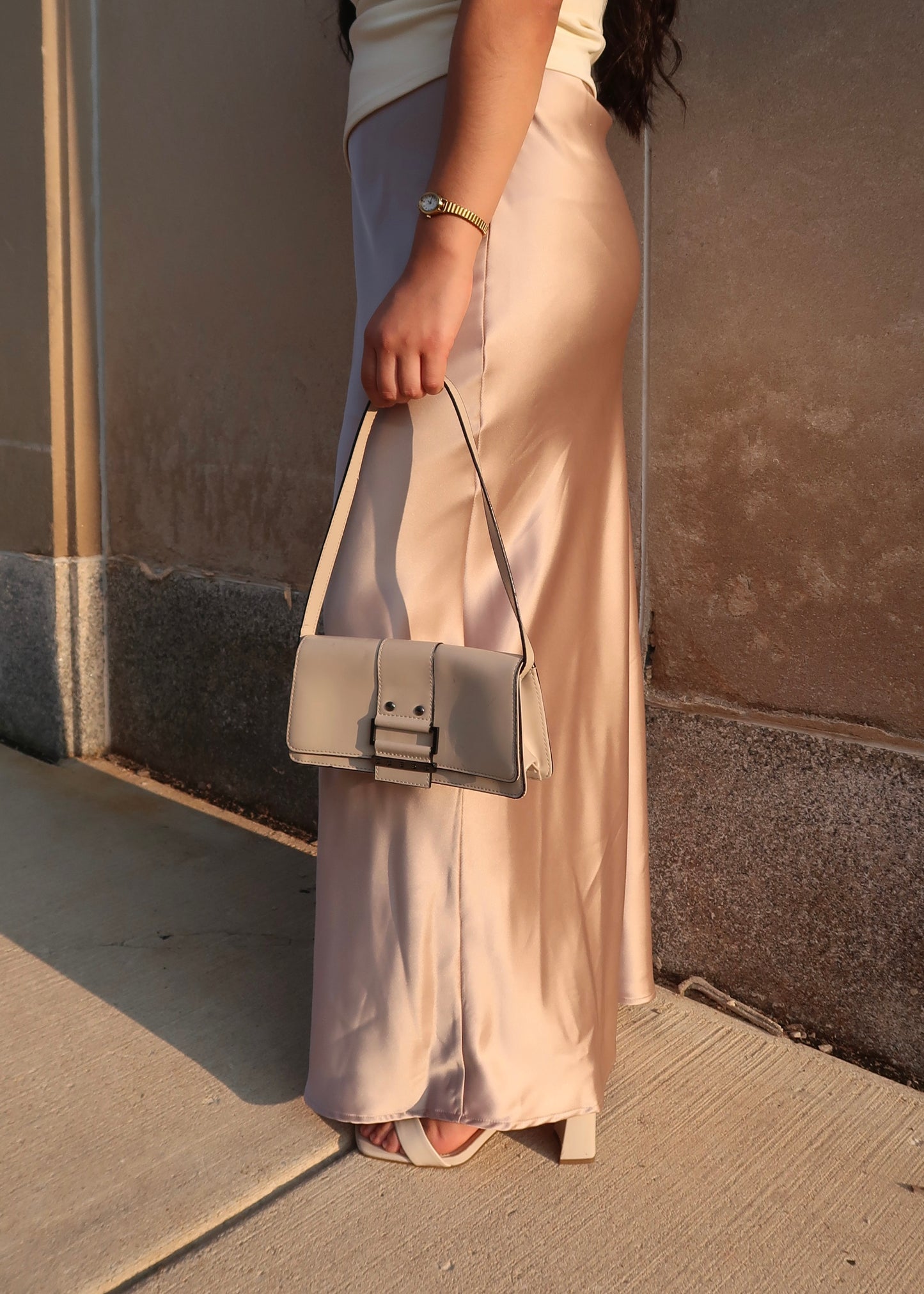 beige maxi satin skirt